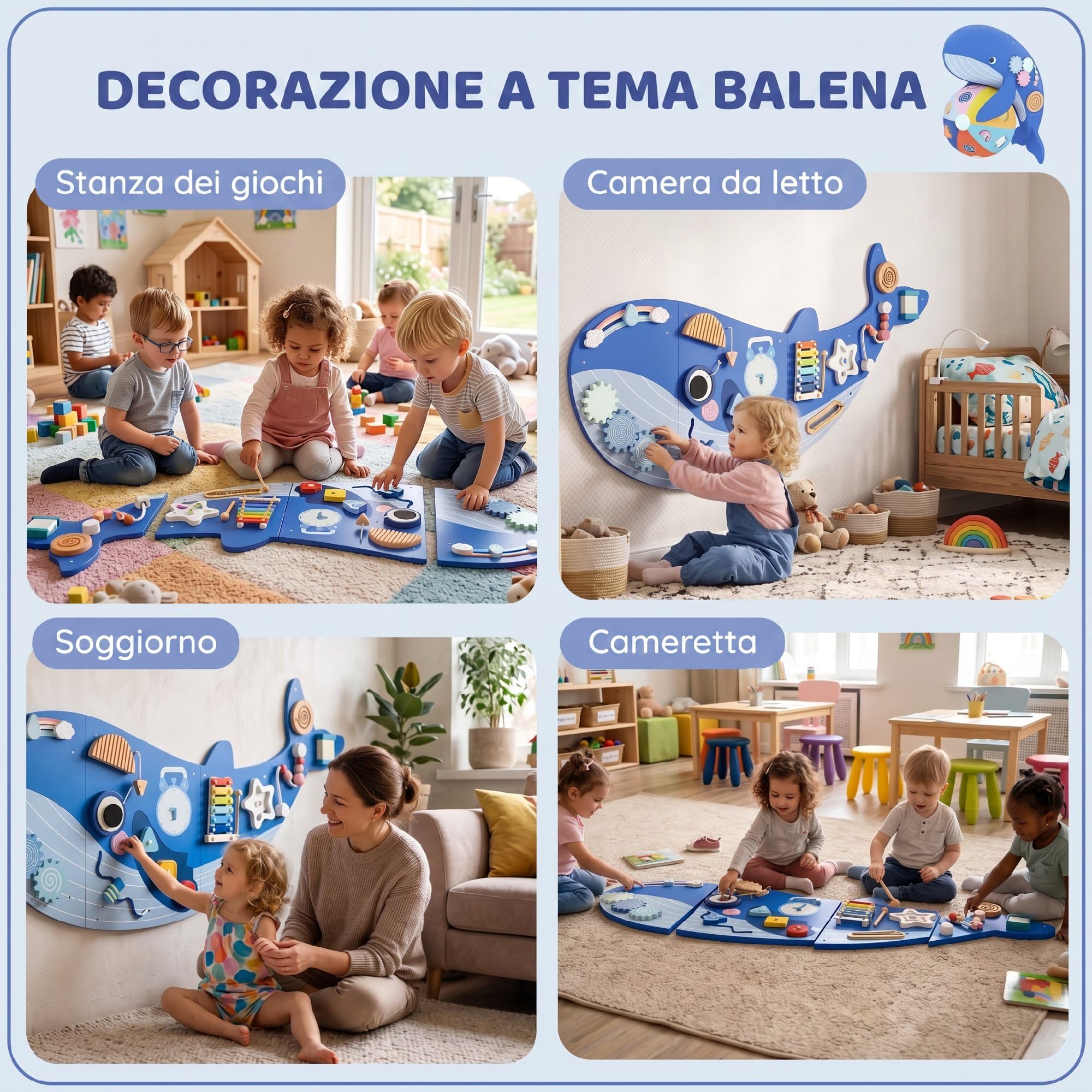 AIYAPLAY Busy Board Montessori in Legno 13 in 1 per Bambini da 2 Anni, Blu | Pannello Sensoriale da Parete a Tema Balena, con Ingranaggi, Percorsi con Perline, Orologio, Attività Musicali