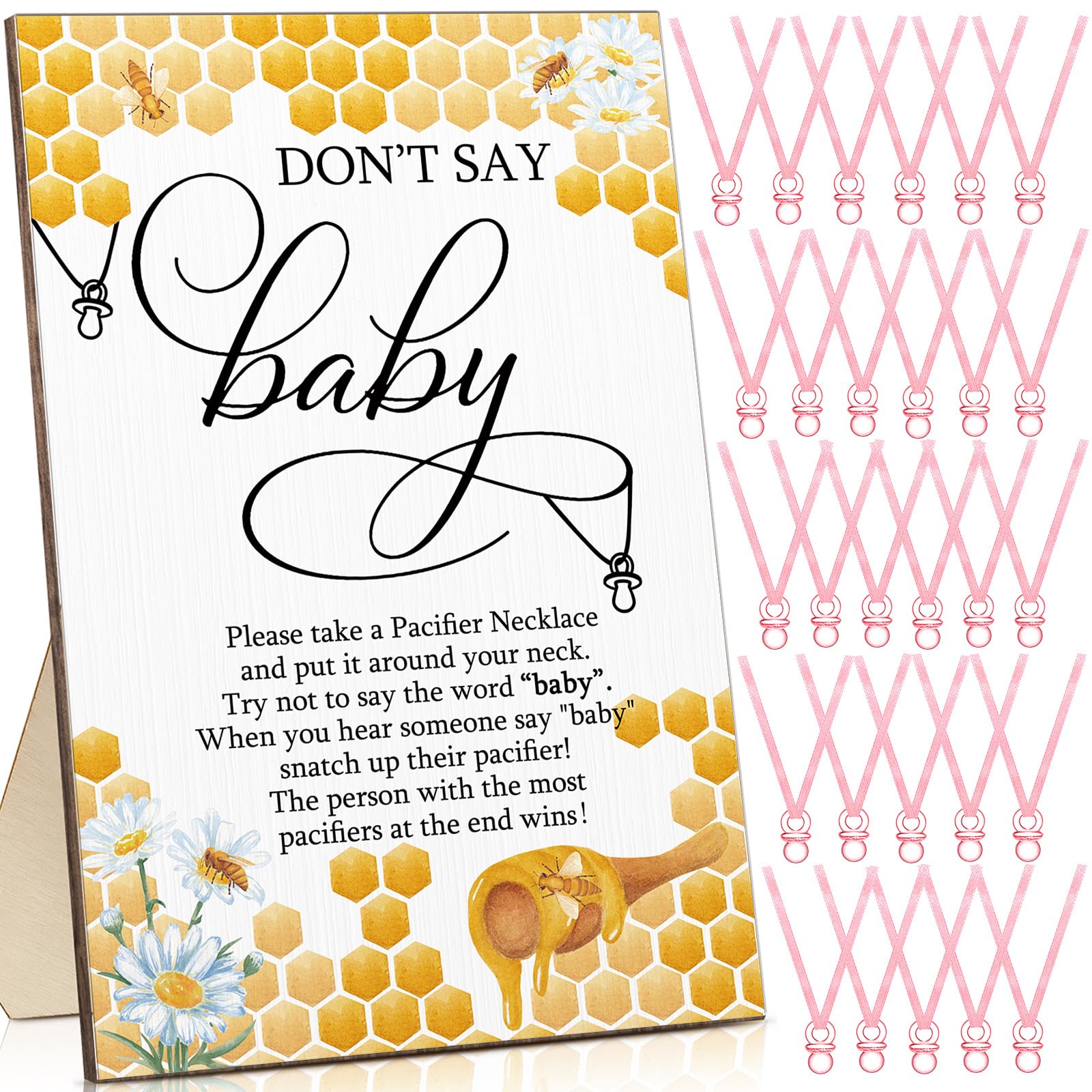 Geetery 51 Pcs Don't Say Baby Game Sign Cool Baby Shower Game 50 Pacifier Necklace Wooden Don't Say Sign Plastic Pacifier Party Favor for Gender