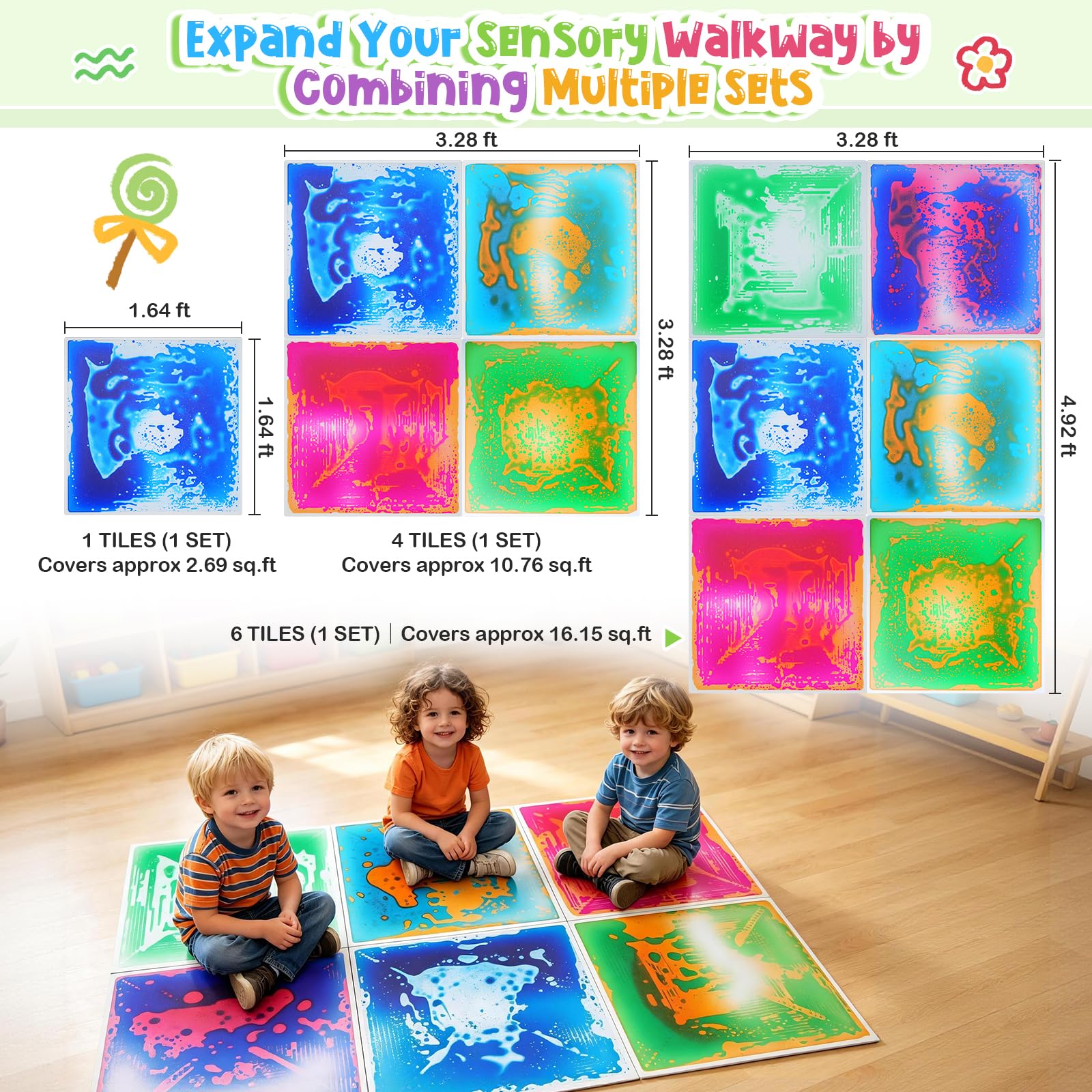 Azulejos sensoriales líquidos grandes para niños, paquete de 4 tapetes sensoriales antideslizantes a prueba de fugas de 20 x 20 pulgadas, certificado CPC, azulejos que cambian de color para niños