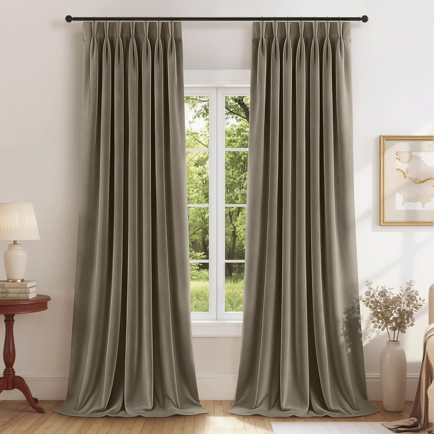 ryb home pinch pleated velvet curtains, thermal insulated pinch pleat drapes with hooks, luxury privacy window panels for living room bedroom, camel beige, 40" w x 90" l, 2 panels set 40"w x 90"l (pack of 2) camel beige