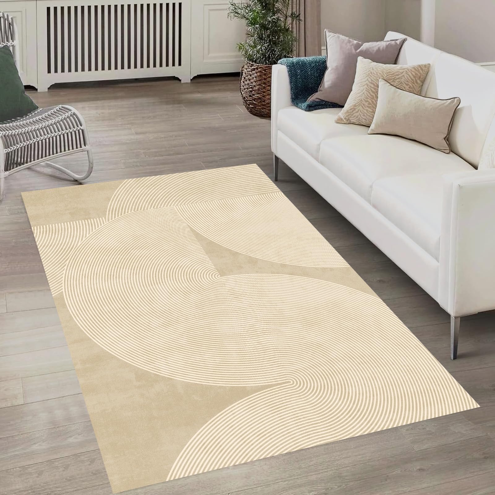 Tapis de salon blanc et crème 90x150 cm à rayures géométriques modernes