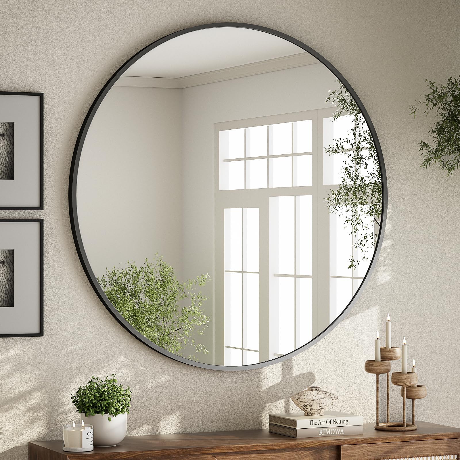 BEAUTYPEAK 60 cm Runder Spiegel in Schwarz, Rund Dekorativer Wandspiegel mit Aluminiumrahmen, Bruchsicherer Badezimmer Spiegel zum Aufhängen und Anlehnen, Wandspiegel für Schlafzimmer, Bad, Wohnzimmer