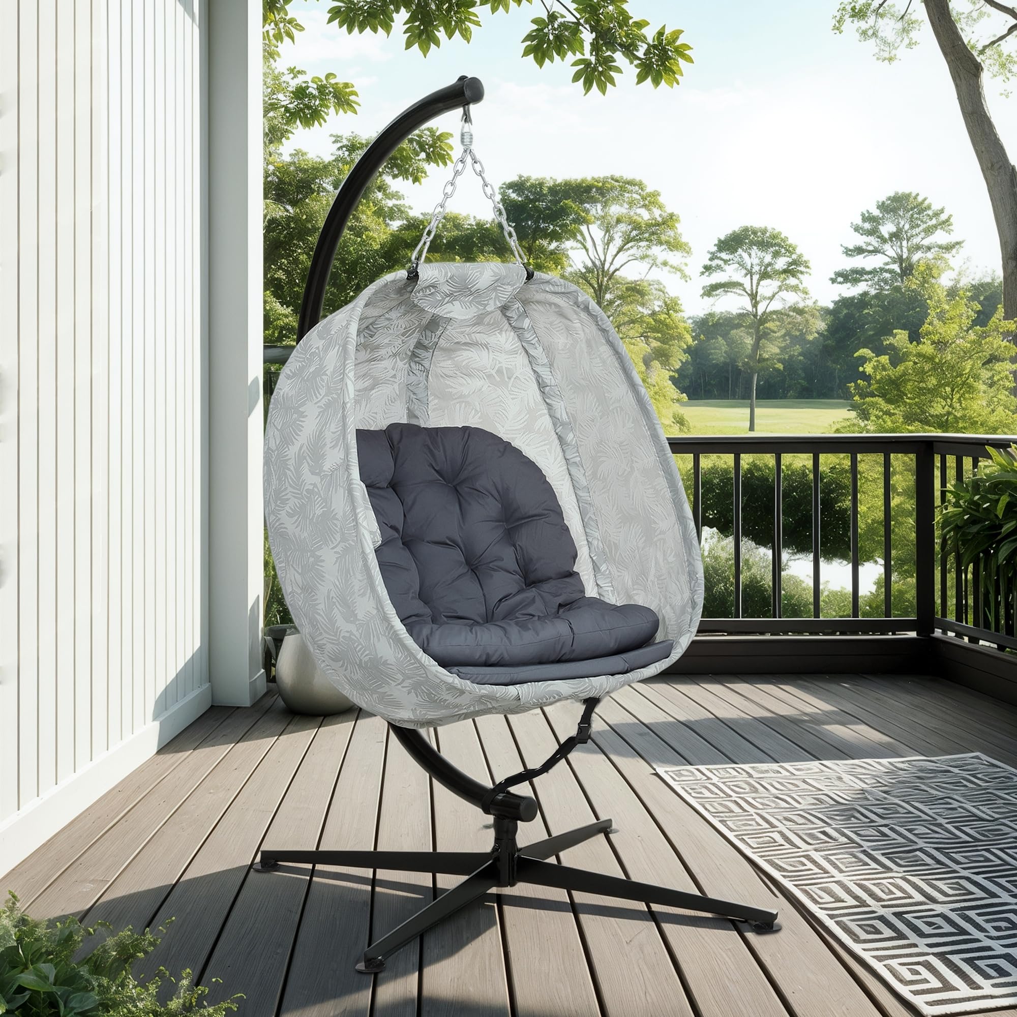Outsunny Hängesessel mit Gestell, Faltbar Eiförmiger Hängeschaukel mit weichem Sitzpolstern, Hängematte für den Außenbereich Schaukelsessel Indoor Outdoor, Terrasse, Garten, Grau