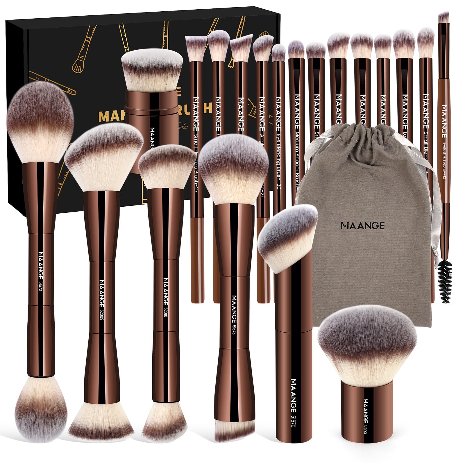 MAANGE Set di 20 pennelli per fondotinta, kabuki, a doppia estremità, pennelli per contouring, cipria, correttore, crema, cosmetici, miscelazione, fard, lucidatura, strumenti per il trucco del viso