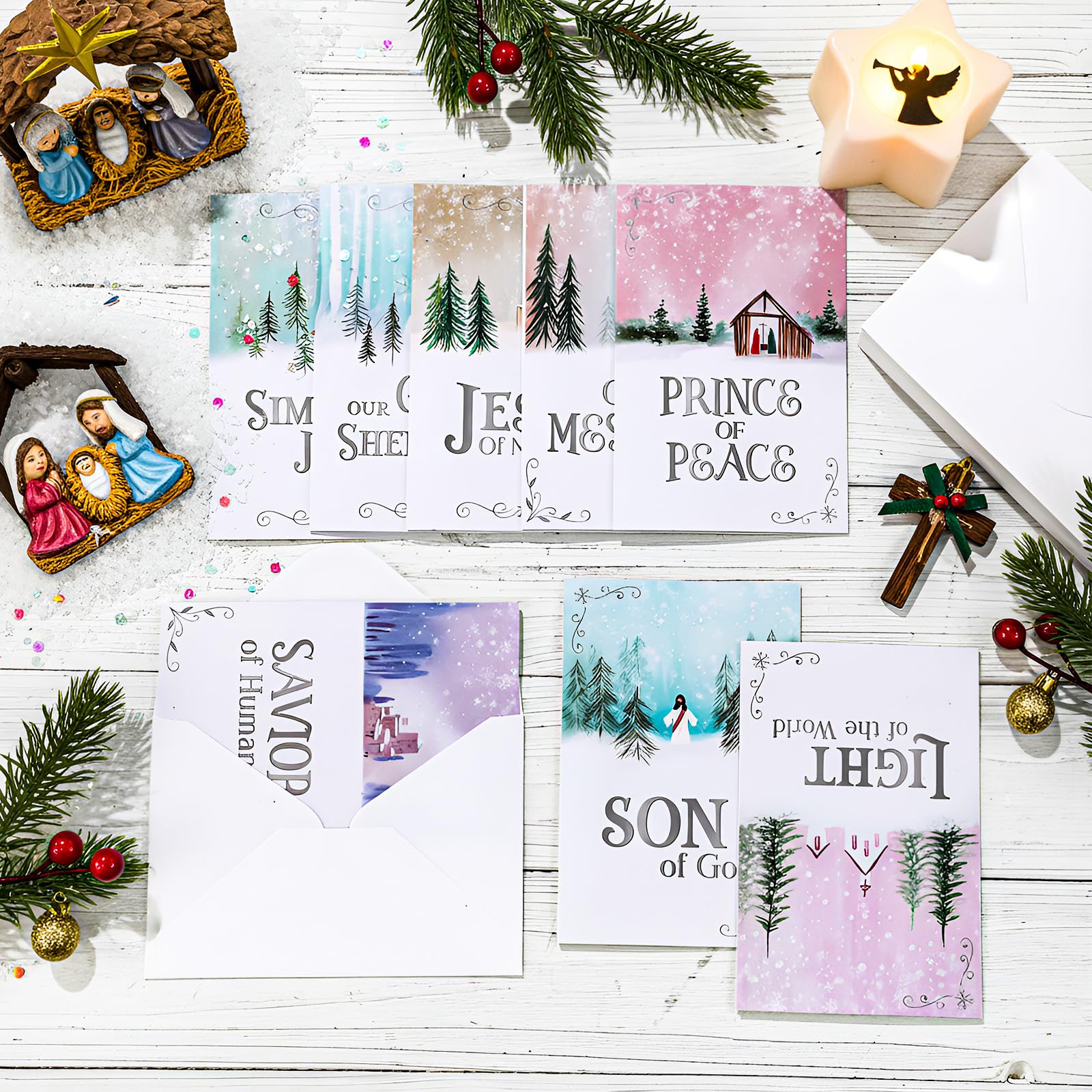 Ctosree Lot de 72 cartes de Noël religieuses avec enveloppes pour célébrer la naissance de Jésus - Assortiment en vrac - Cartes postales chrétiennes pour fêtes de Noël