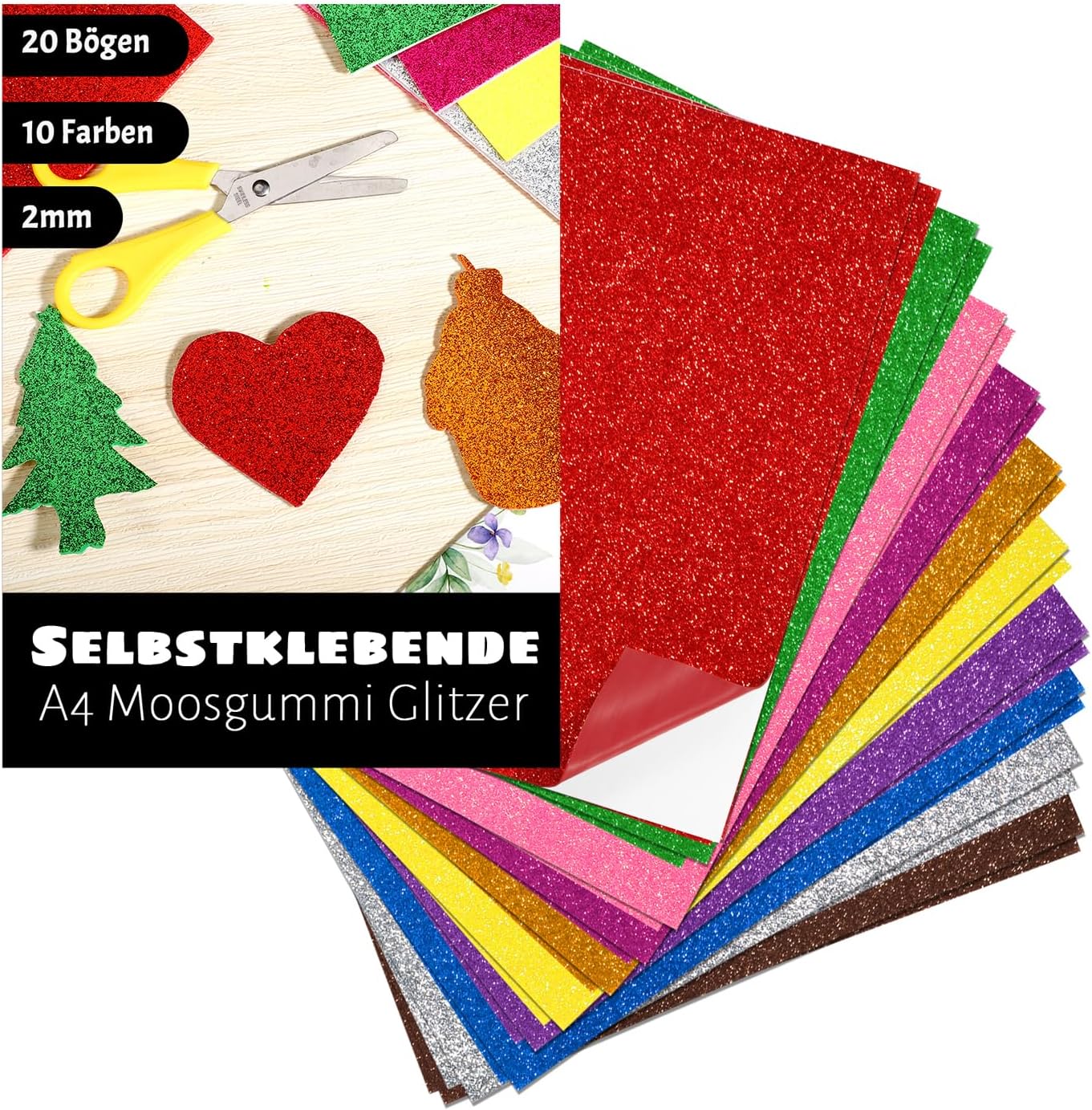 Folia Adesivi Glitterati Natalizi 5 Fogli - Formato 10x23 Cm, Motivi E Colori Misti - 2