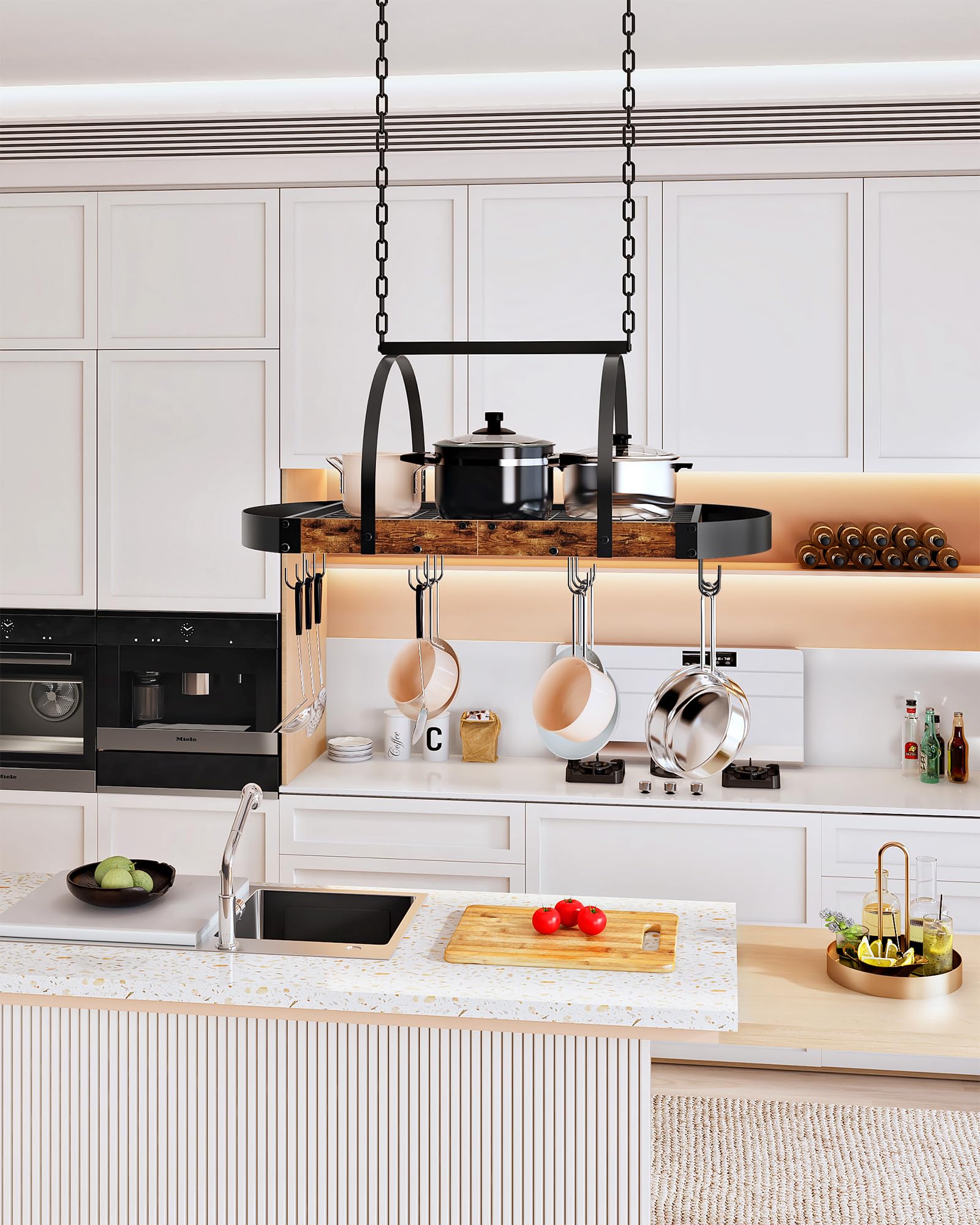CHOEZON Porte-Casserole suspendu, Rangement de Cuisine, Support à poêle suspendu au plafond avec 12 crochets, pour ustensiles, gain d’espace, Marron Rustique et Noir DTPR08BFC1
