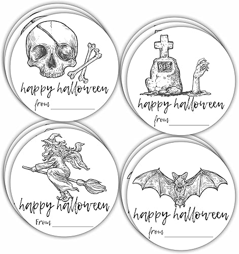 Miniatura 5 de 40 etiquetas redondas de Halloween, 4 estilos de calavera y sombrero de mago, etiqueta adhesiva de 2 pulgadas redondas para envoltura de Halloween,