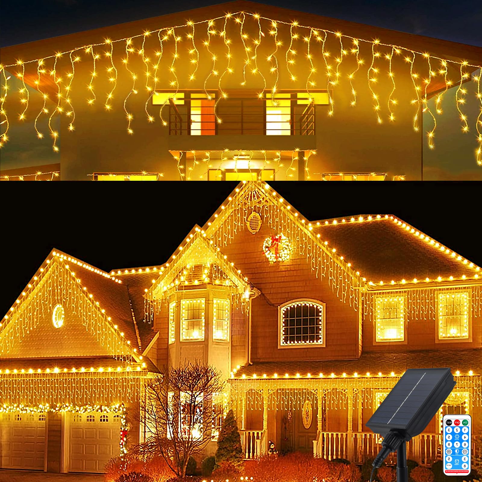 Micacorn Christmas Icicle Lights 32.8ft 336LEDs Solar Icicle Lights with USB Port Waterproof Fairy Light 56Pcs 8 Modes Hanging Waterfall Curtain String Light with Remote for House Xmas Party Décor
