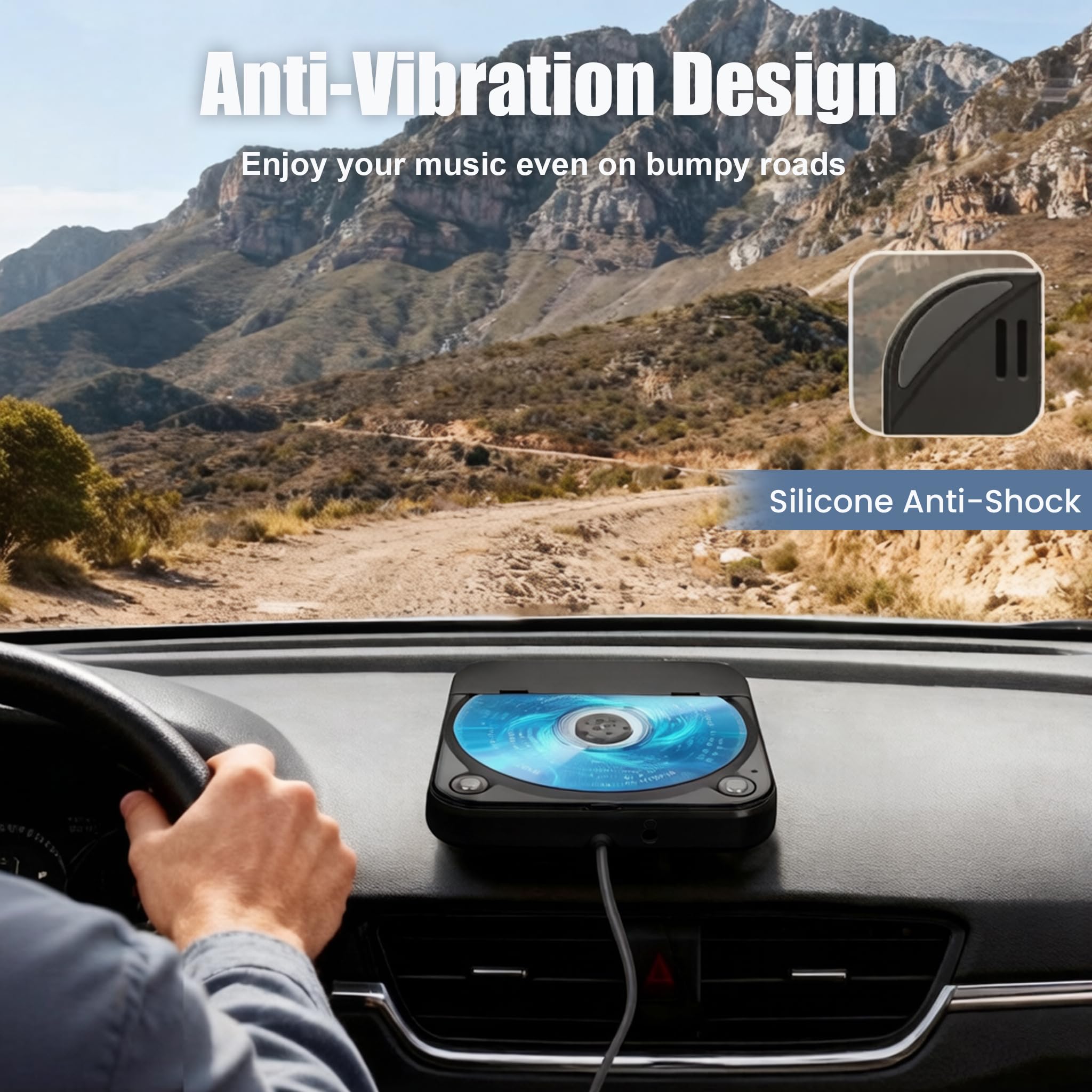 Lettore CD per auto con silicone anti-shock, porta USB, cavo prolunga, nero
