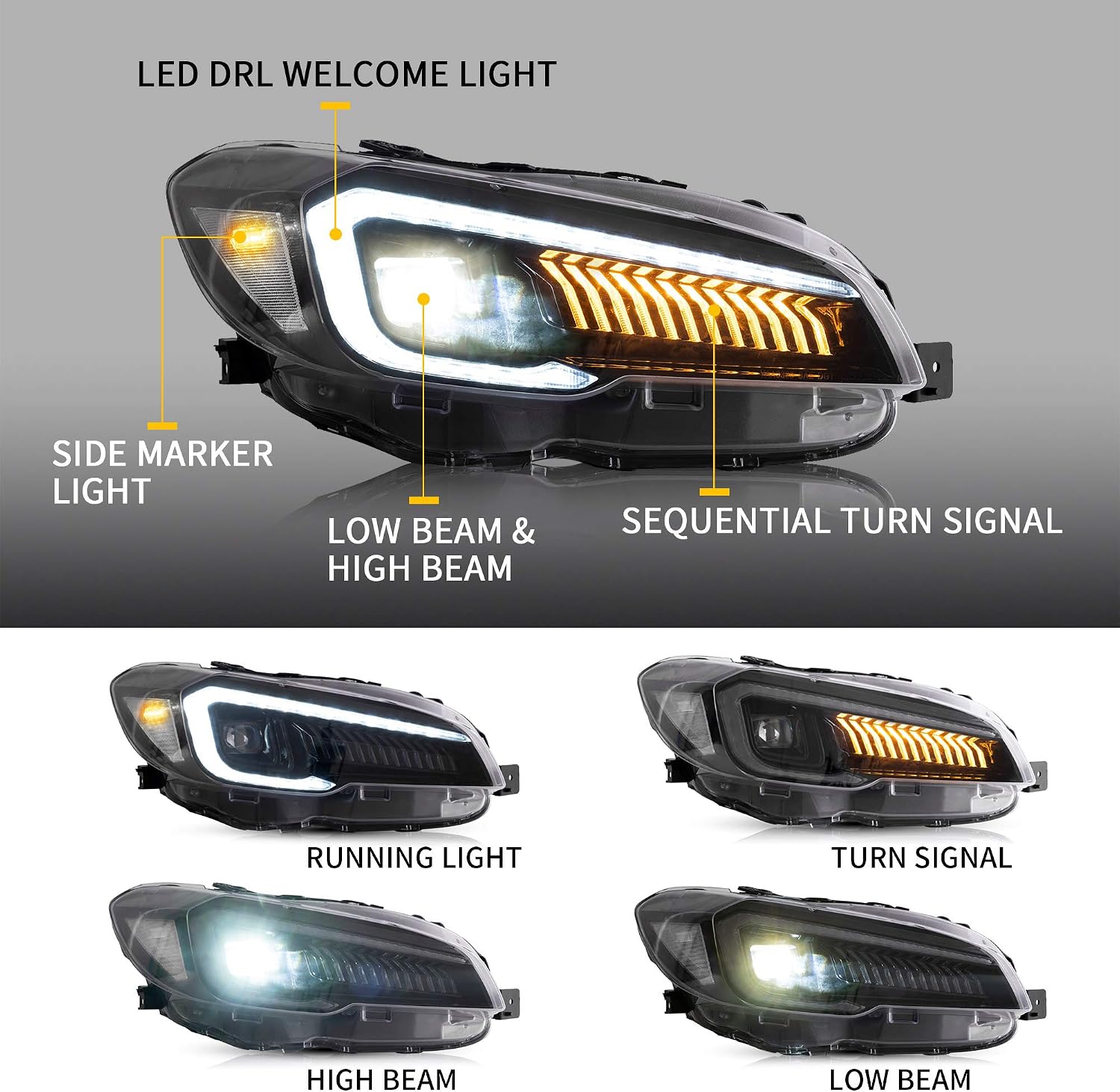 VLAND LED Taillights For [ Subaru WRX 2015-2019 Subaru WRX STI ] With Sequential Turn Signal Rear Lamps Assembly, YAB-WRX-0286, Driver & Passenger Side (Clear tail lights + Clear headlights)