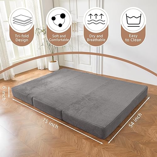 Miniatura 2 de BYBYME Colchón de pana tri-plegable, cubrecolchón plegable de gel de 6 pulgadas, almohadilla plegable suave para cama de huéspedes y campamento,