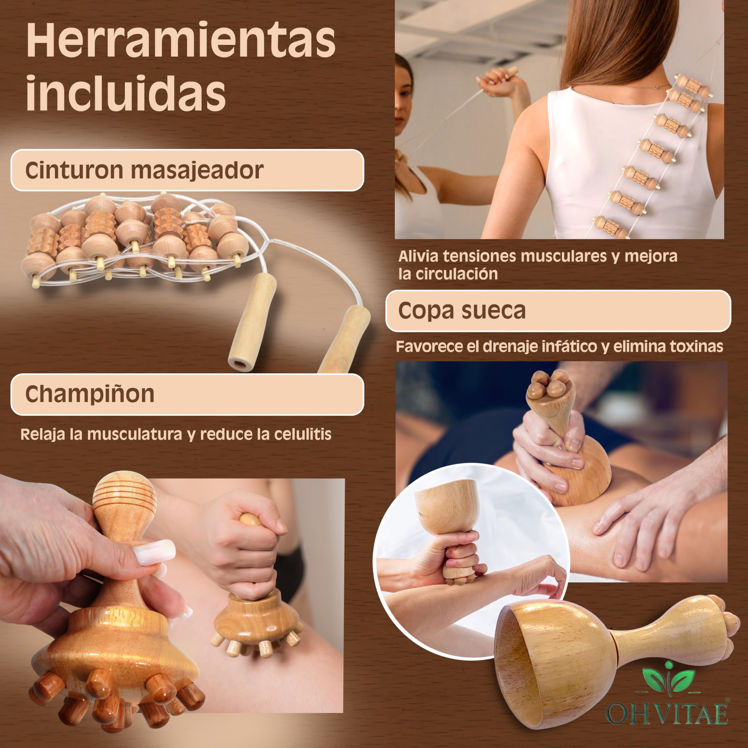 kit maderoterapia corporal profesional con 6 herramientas bolsa de transporte y guía QR. Tratamiento completo de maderoterapia corporal celulitis para masaje reductor y tonificación natural
