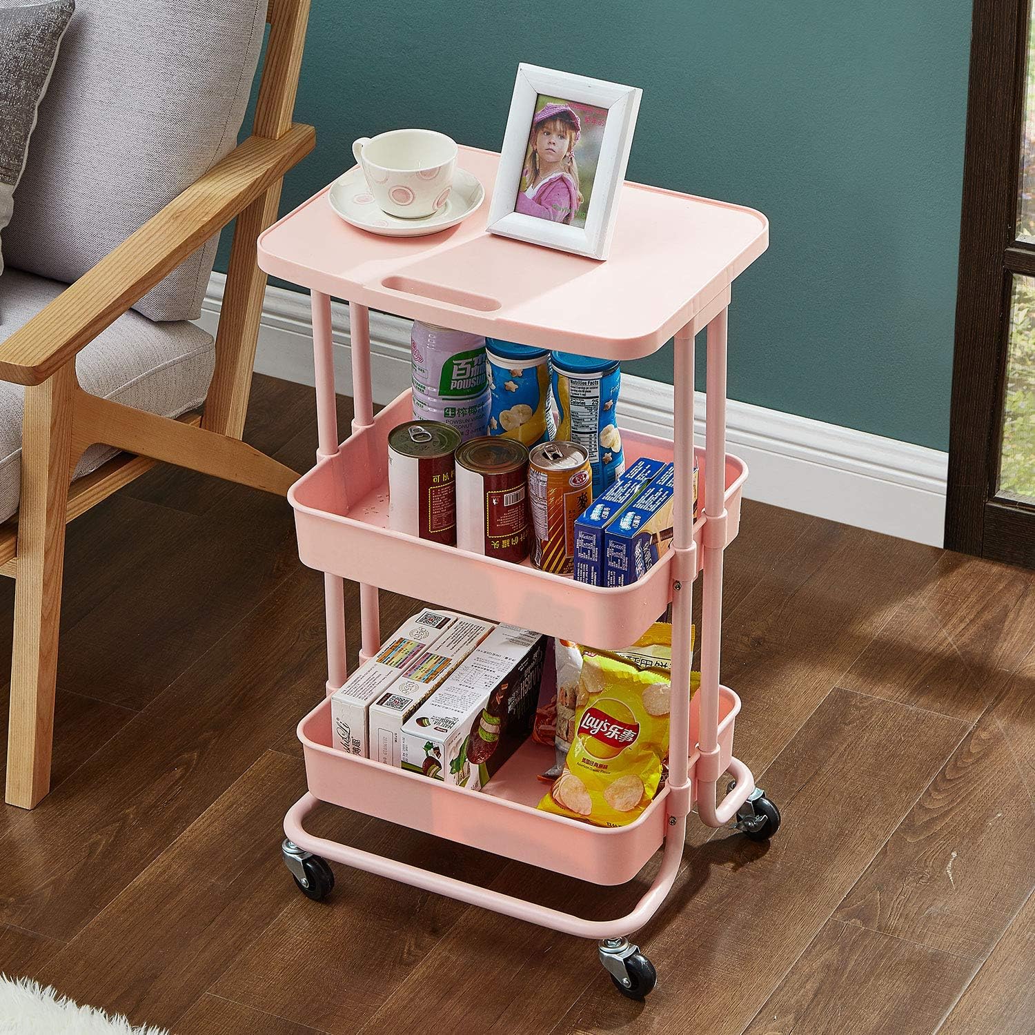 Utility Cart 3 Tier Rolling Cart with Practical Tabletop Kitchen Storage Cart with Wheels for Office Classroom Home Dedroom (Pink)