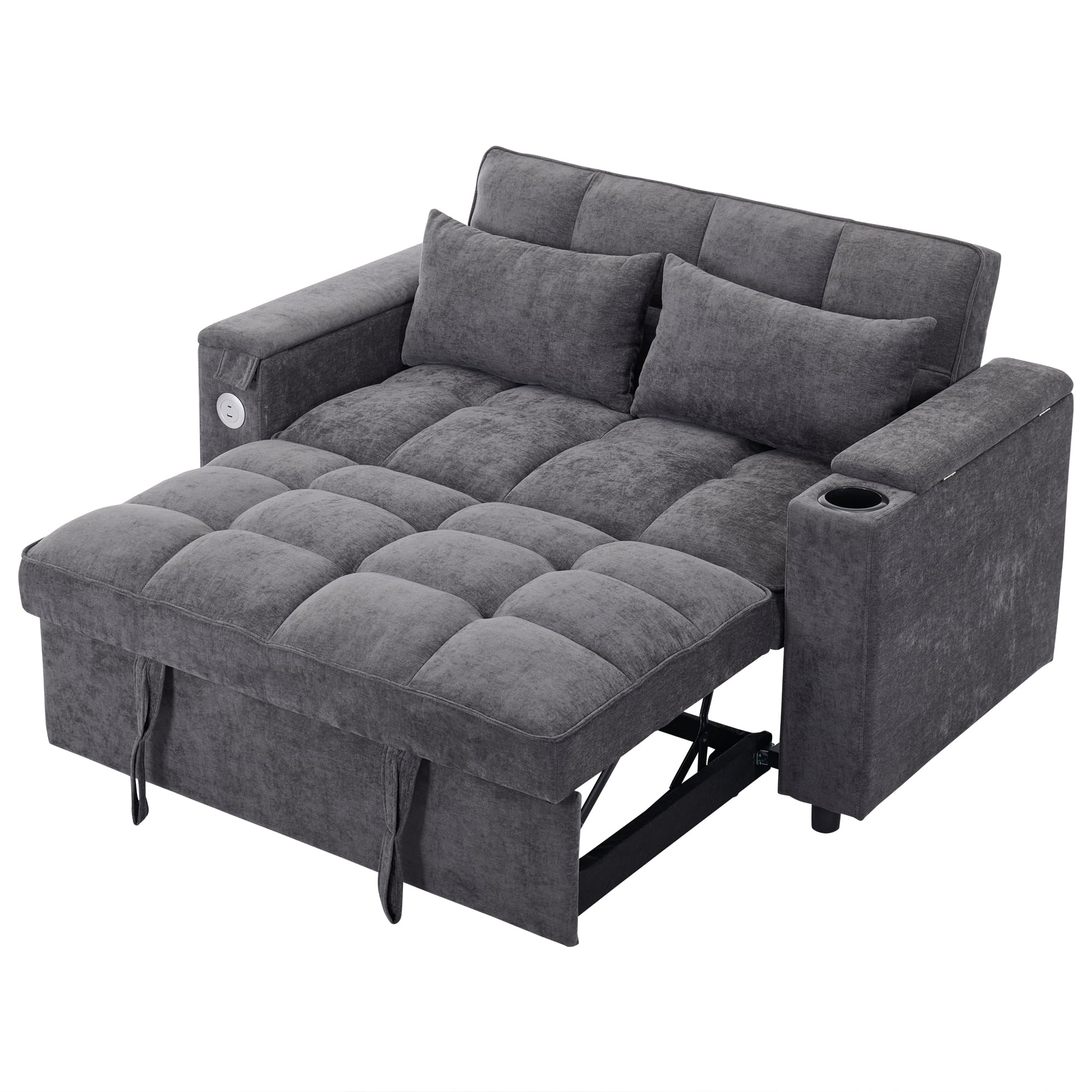 Merax Schlafsofa 3-in-1 Ausziehsofa 140x74x82 cm, 2-Sitzer Sofa mit Schlaffunktion, verstellbare Rückenlehne, USB & Typ-C, Daybed mit Getränkehalter und Stauraum, Ausziehbares Loungesofa Grau