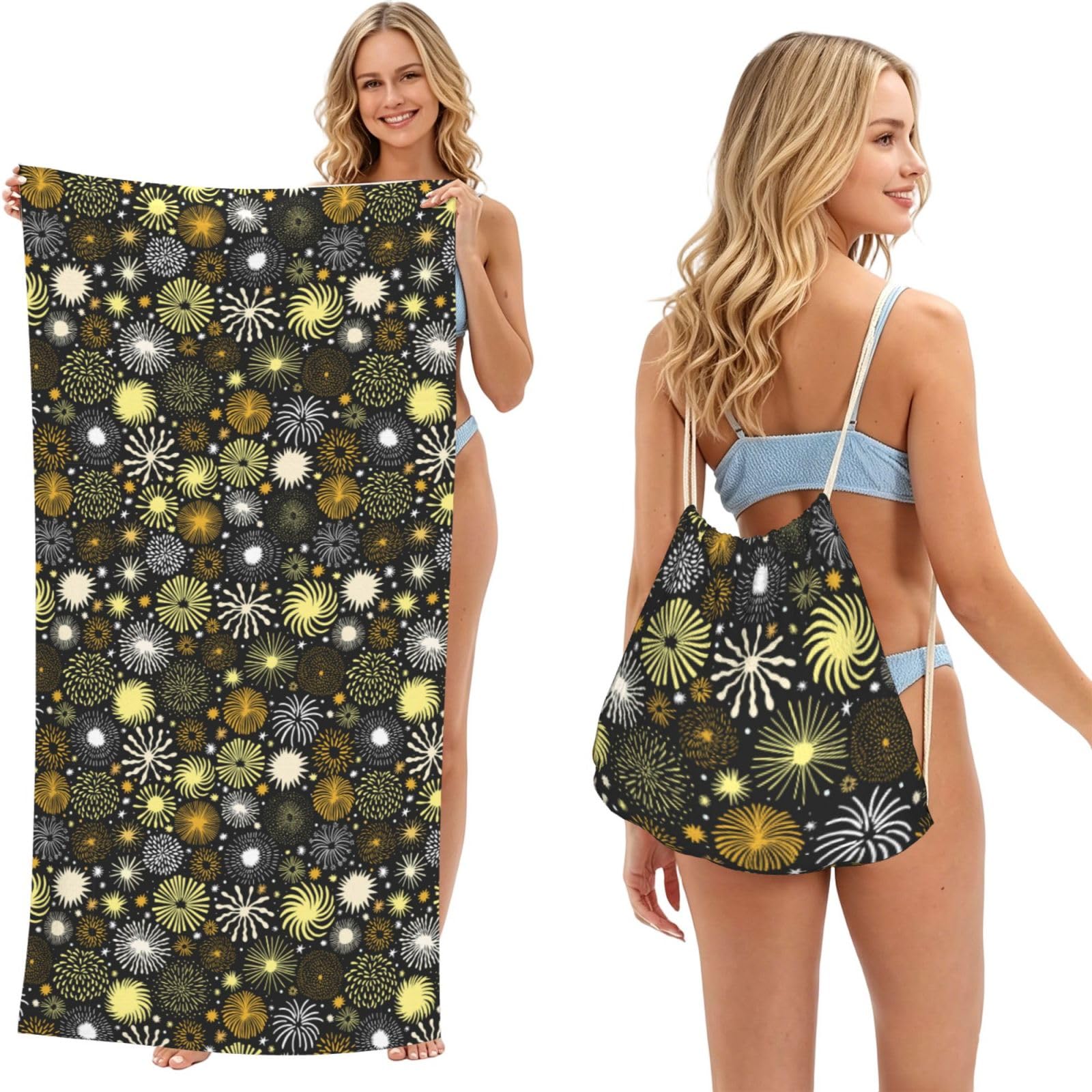 Noble Ren Black Gold Fireworks 2 In 1 Packable Towel Bag Beach Backpack Unisex Suitable For Travel Picnic Vacation And Camping