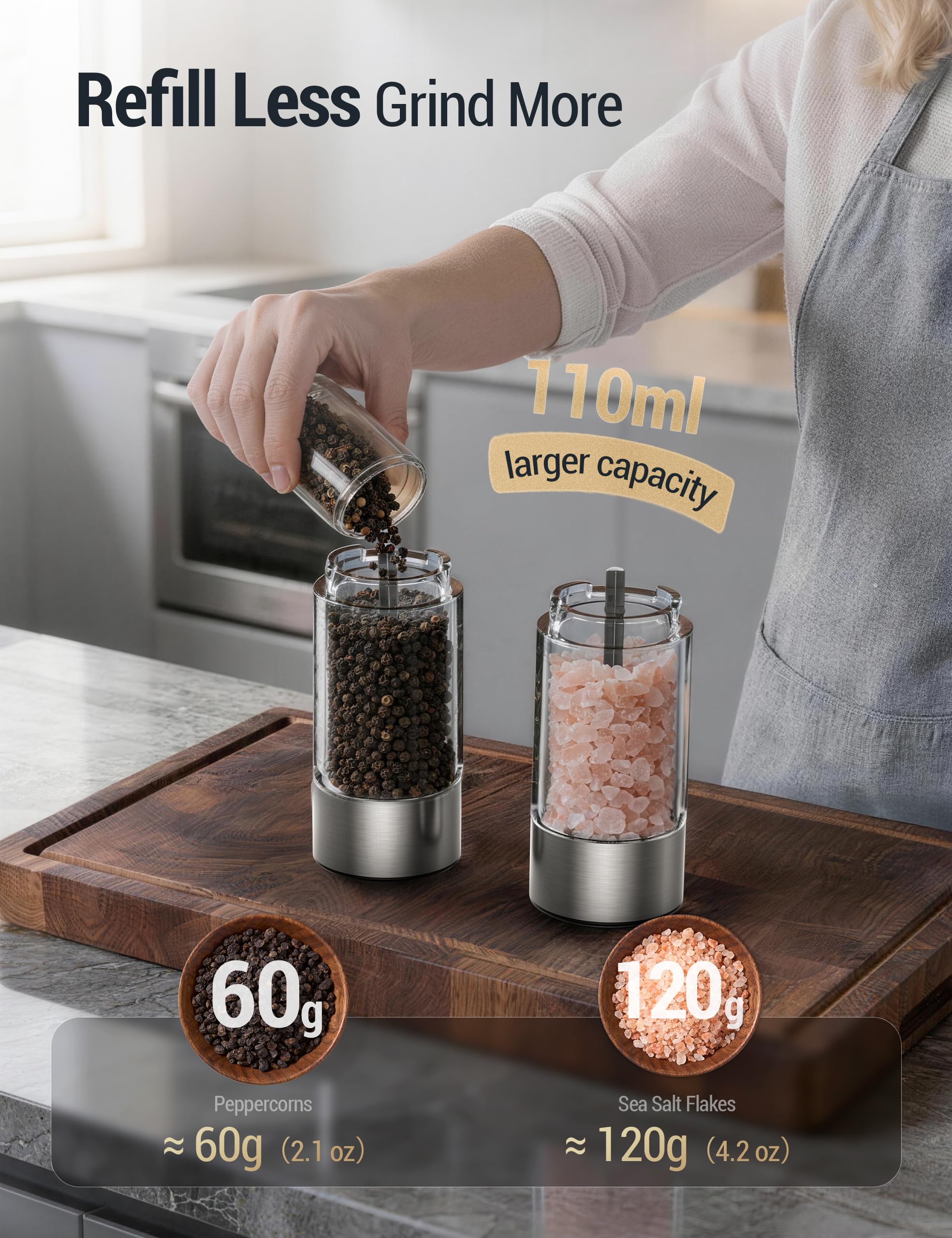 ThermoMaven Juego de molinillo eléctrico de sal y pimienta, 110 ml, molinillo automático de sal y pimienta recargable más grande con 6 grosores ajustables, salero y pimentero eléctrico, LED, gris