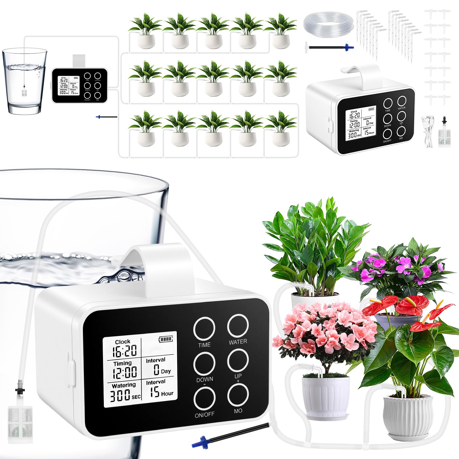 Flintronic Riego Automatico Macetas, Riego por Goteo Automático Recargable para 15 Plantas en Maceta, Sistema de Rie-Go de Interior Rie-Go por Goteo Automati-Co, para Interiores, Jardines y Balcones