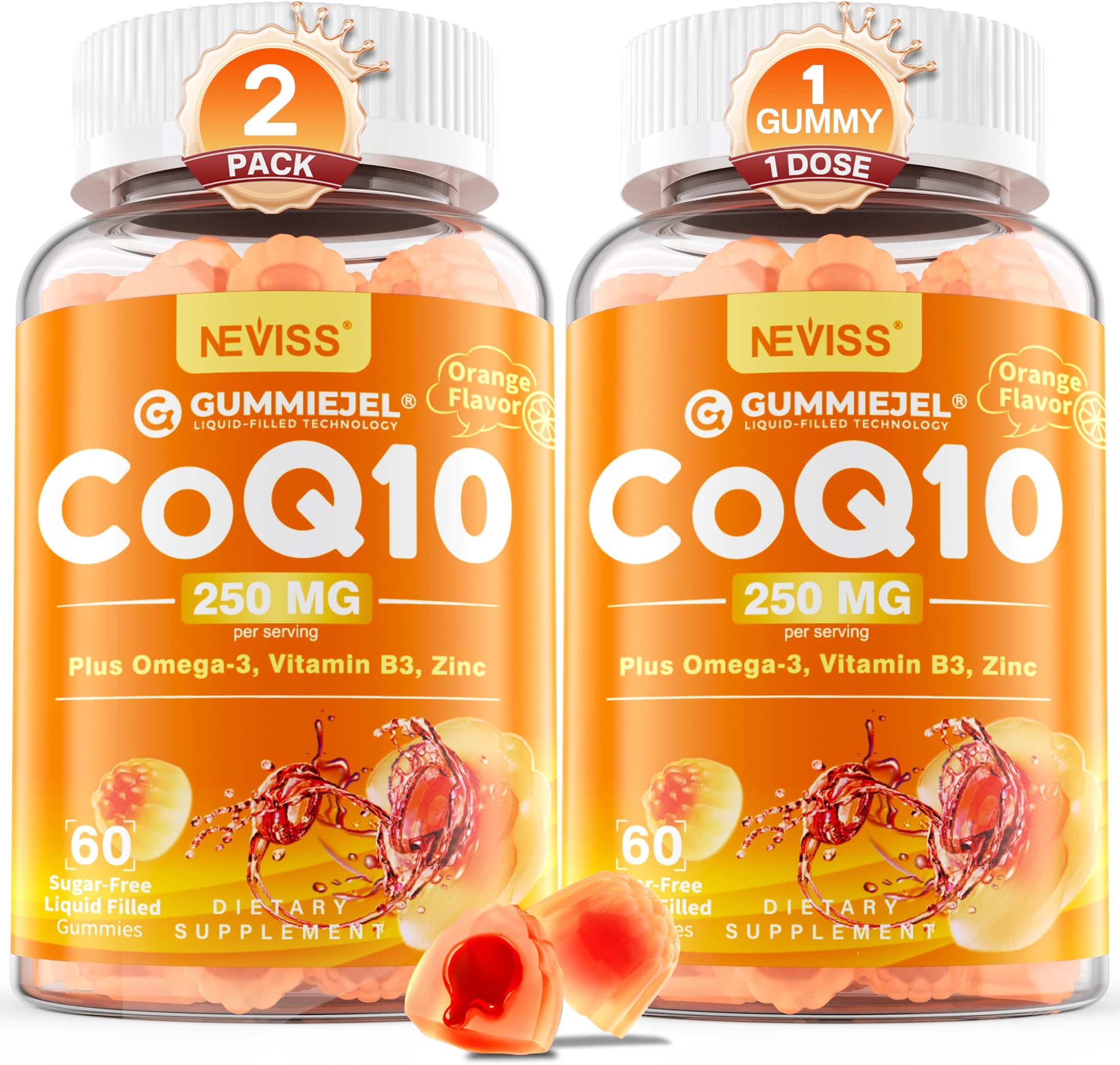 Sugar-Free CoQ10-250mg Filled Gummies - 4 Months Supply - Plus Omega-3, Vitamin B3 & Zinc, High Absorption Coenzyme Q10 Supplements for Hear-t Health, Cellular Energy & Antioxidant Support, 2-Pack