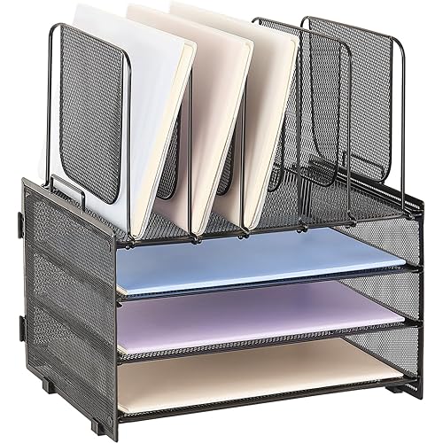 LEKETREE Desk Organizers and Accessories, 3-Tier Paper Organizer with 5 Vertical File Holders, File Organizer for Desk, Desk Accessories & Workspace Organizers (Black)