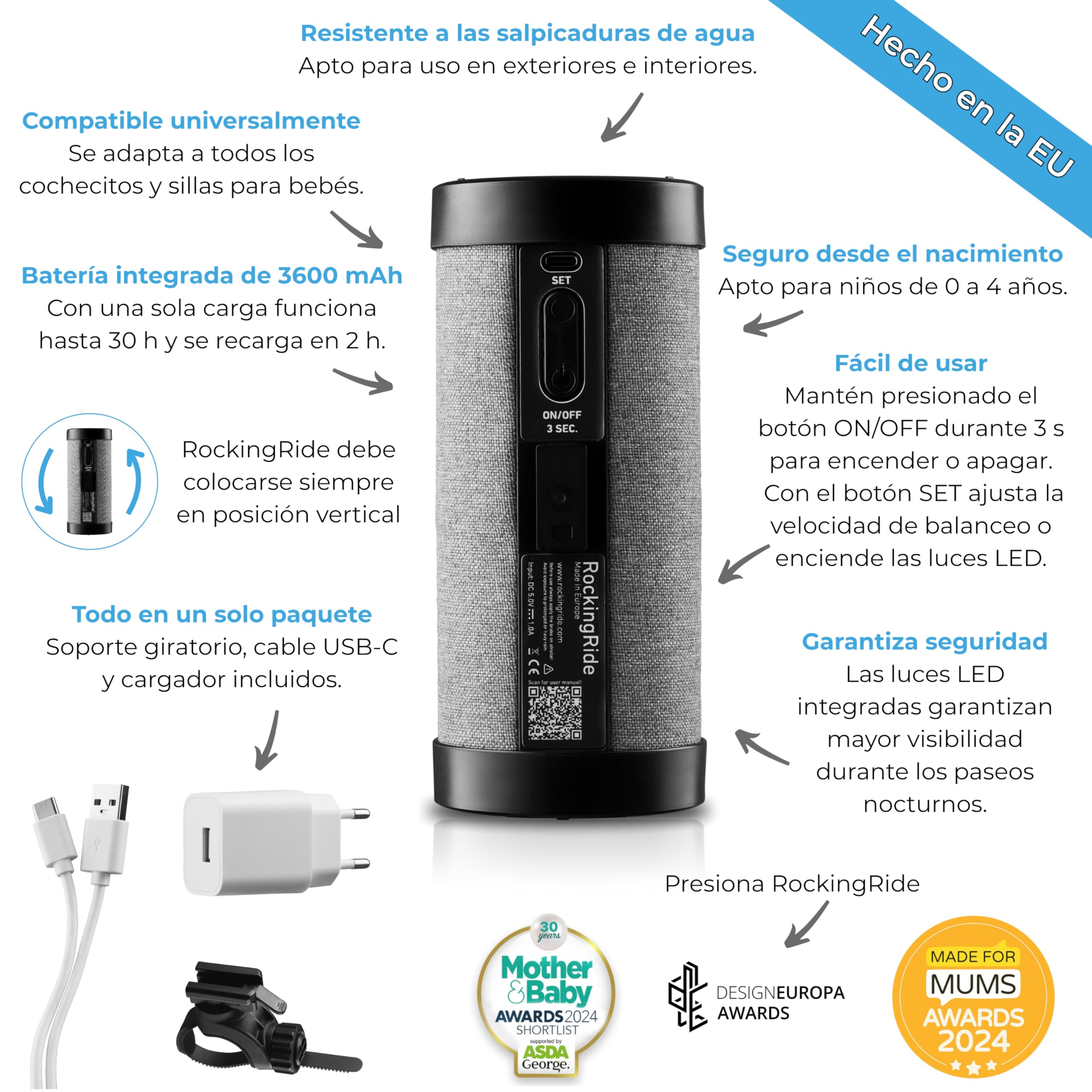 Mecedor Automático Recargable para Cochecito de Bebé – Ayuda para Dormir con Balanceo Suave, 3 Velocidades, Luz LED de Seguridad, USB-C, hasta 30 h - RockingRide PRO (Negro)