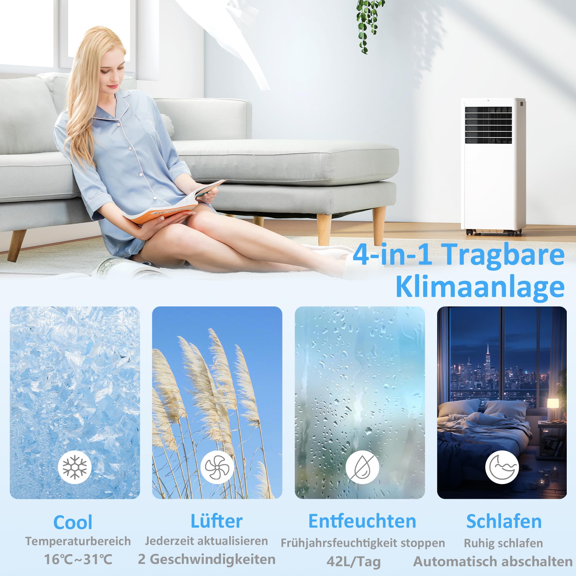 HOMCOM Przenośny klimatyzator z wężem wylotowym 9000 BTU 1010 W, mobilny klimatyzator 4 w 1, chłodzenie, wentylacja, osuszanie 42 l/dzień, tryb snu, timer 24 h, pilot zdalnego sterowania, zestaw