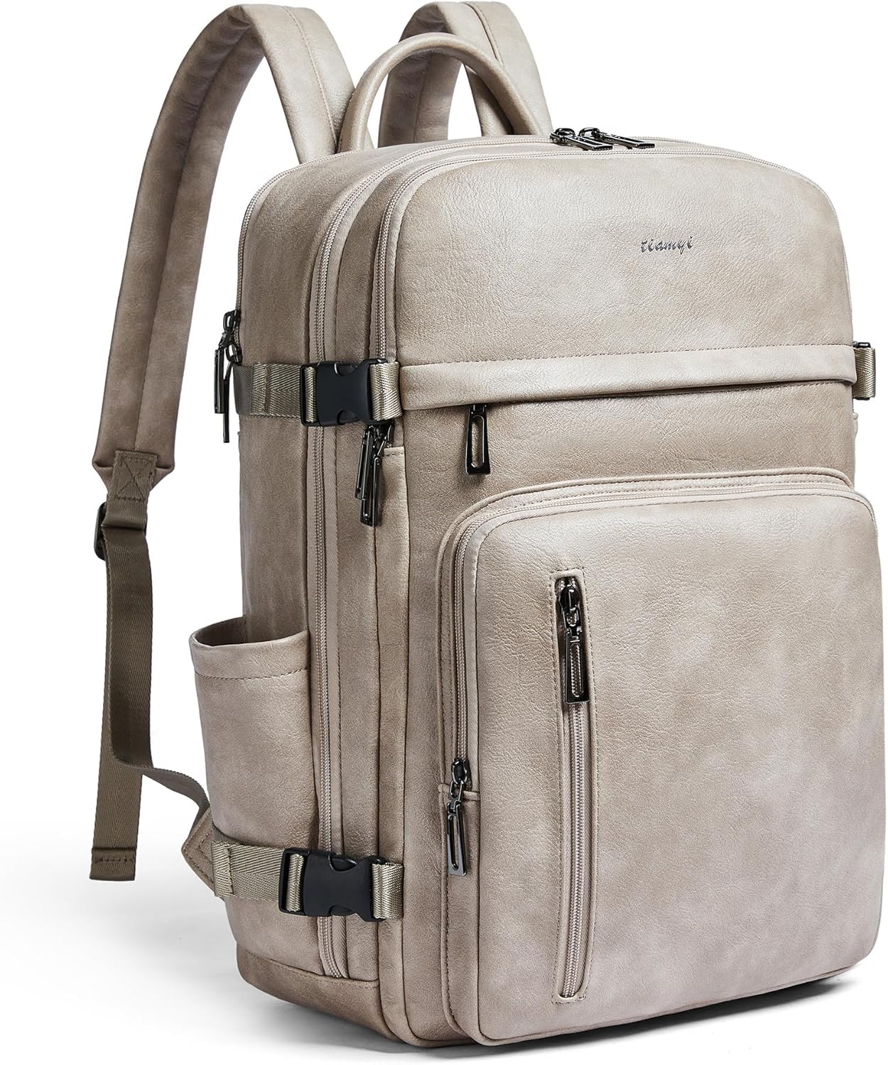 Travel Backpack for Women and Men, Fits 17.0" Laptop, Stylish Lay-Flat Carry-on Vegan Leather Backpack with Luggage Strap for Travel and Daily Use