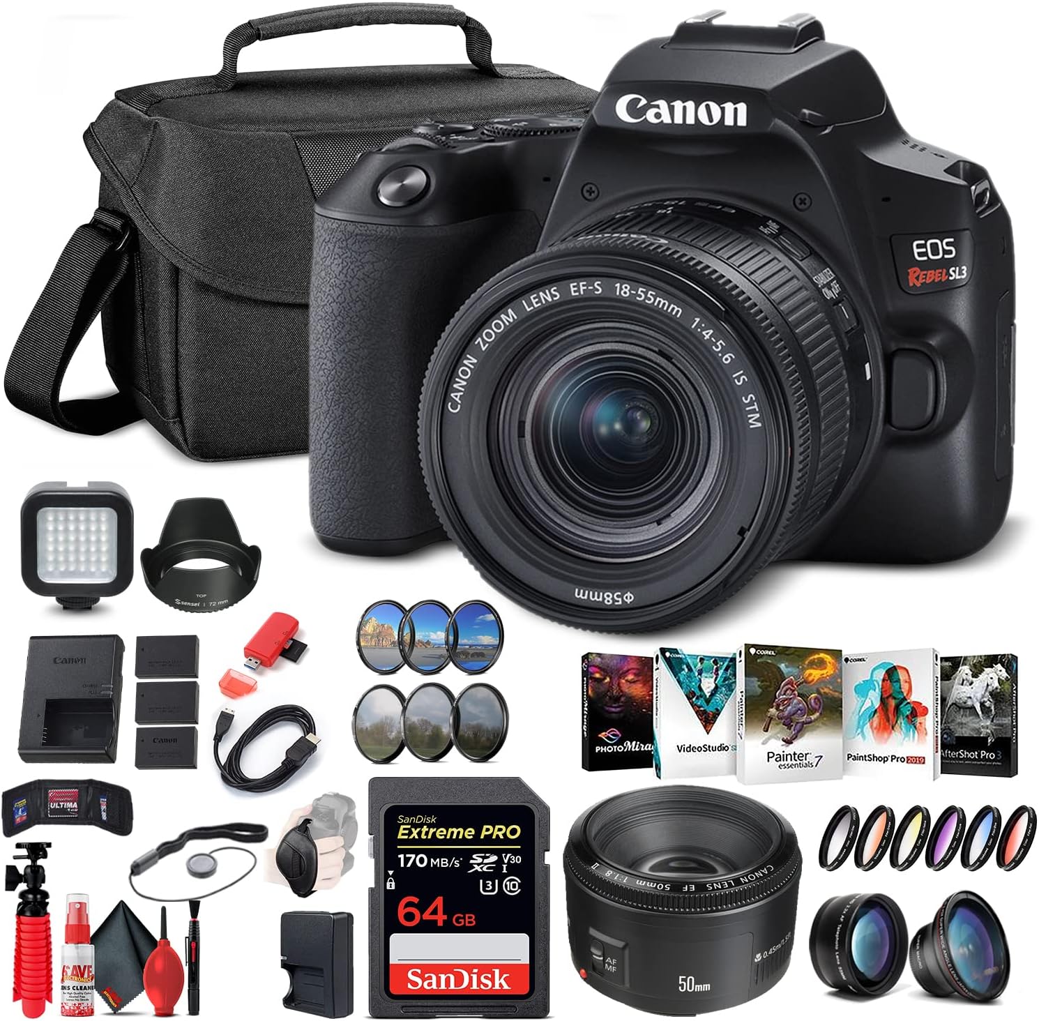 Canon EOS Rebel SL3 DSLR Camera with 18-55mm Lens (Black) (3453C002) + Canon EF 50mm Lens + 64GB Card + Color Filter Kit + Case + Filter Kit + Corel Photo Software + 2 x LPE17 Battery + More