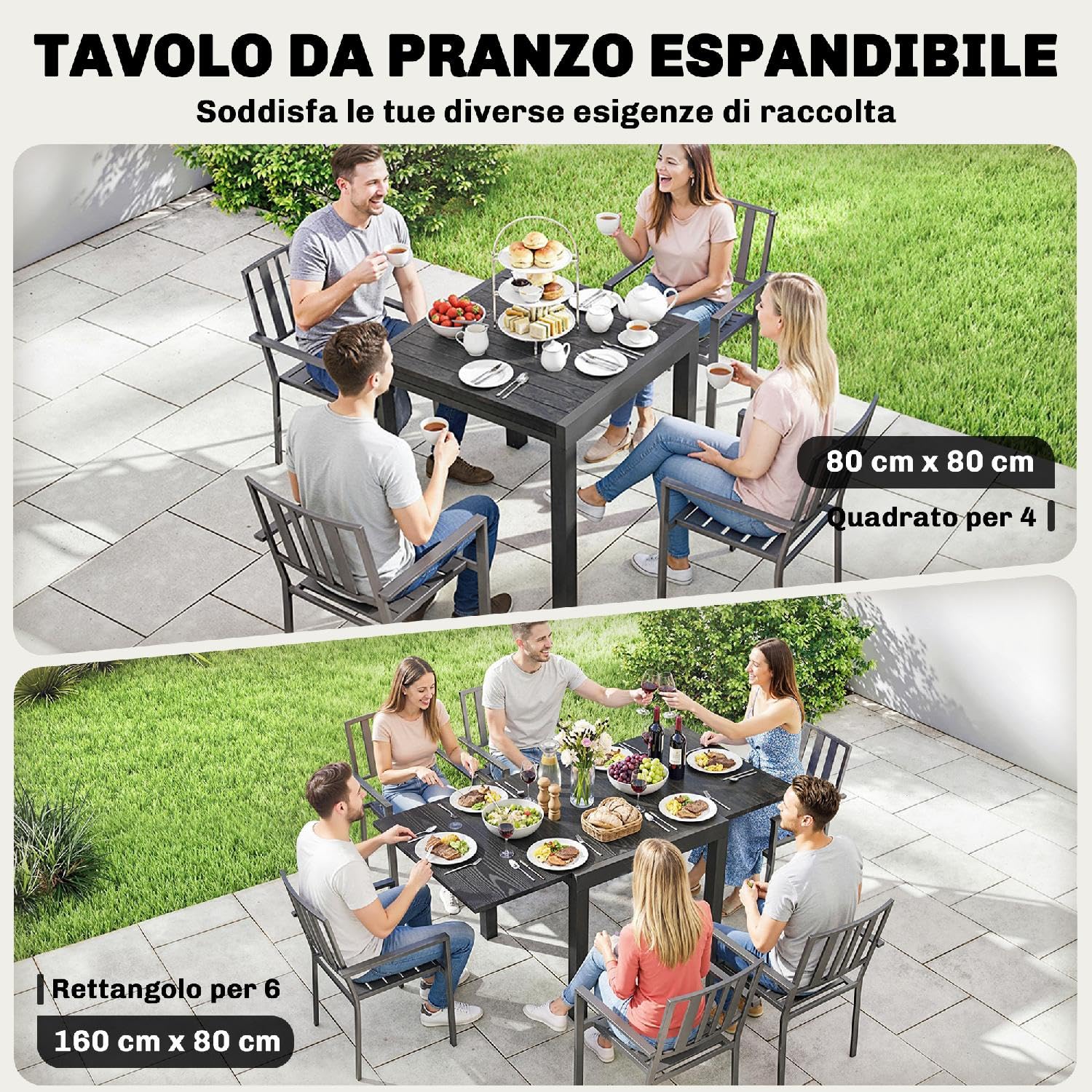 Tavolo da Esterno Giardino, Allungabile, Quadrato, in Alluminio, 80-160x80x75 cm, Nero