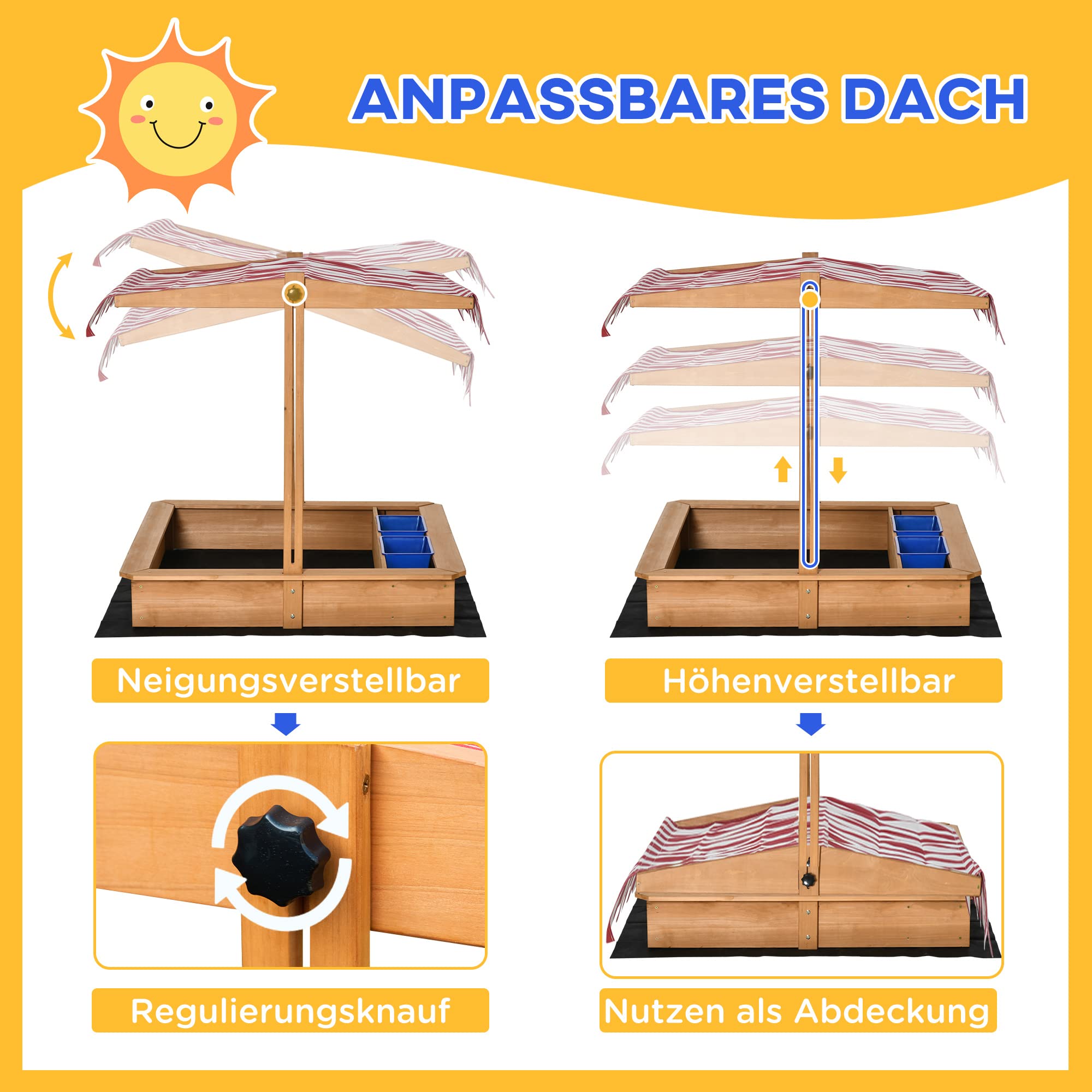 Outsunny Sandkasten 107,5 x 107,5 cm Mit Höhenverstellbarer Abdeckung | Kinder Sandbox, Sandkiste Aus Holz, Für Kinder 3-7 Jahre, Garten Terrasse Balkon