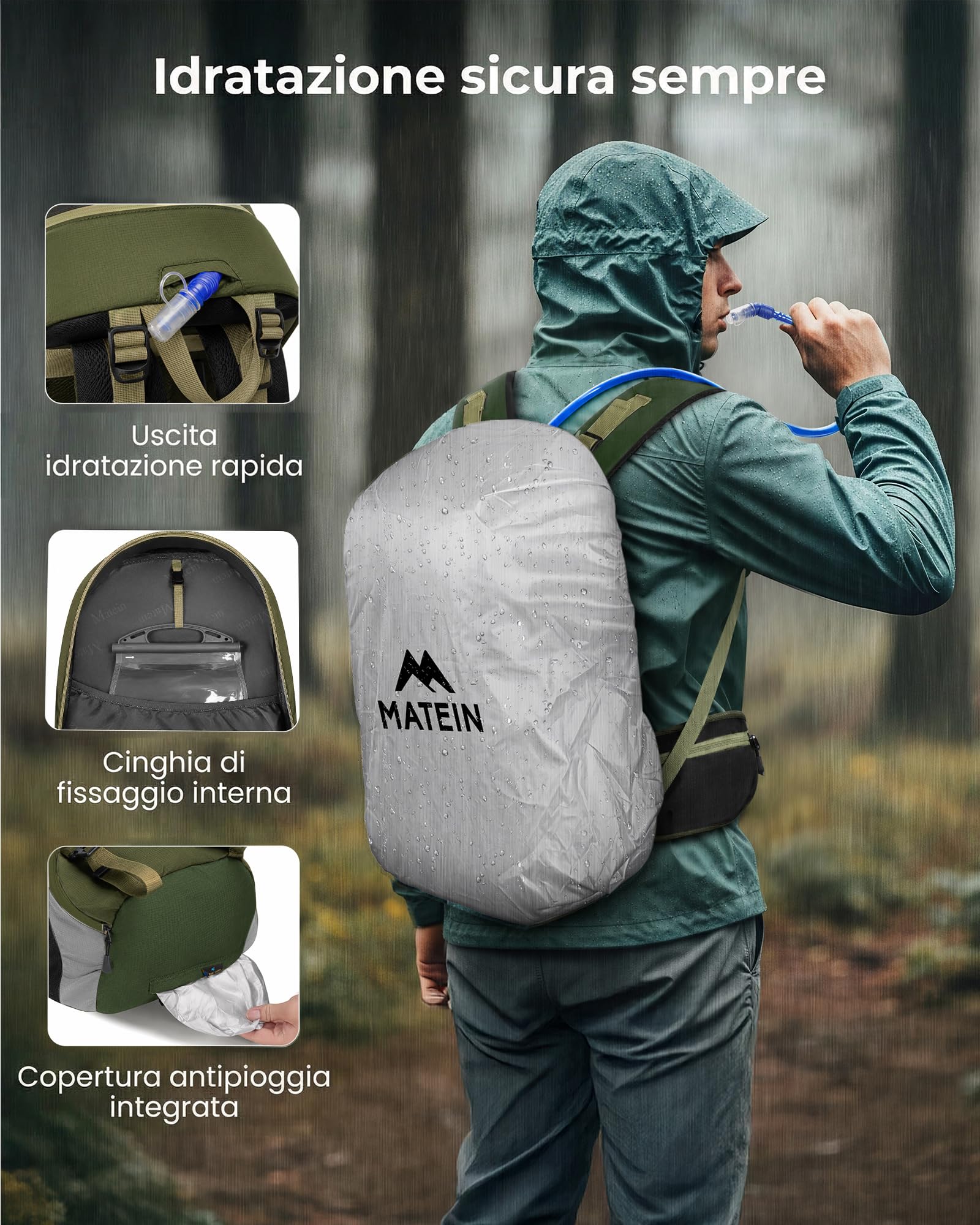 MATEIN Zaino Trekking 40L Uomo Donna, Scomparto Scarpe e Cintura Lombare | Zaino da Trekking Leggero, Include Copertura Antipioggia, per Hiking, Escursionismo, Campeggio e Outdoor, Verde militare
