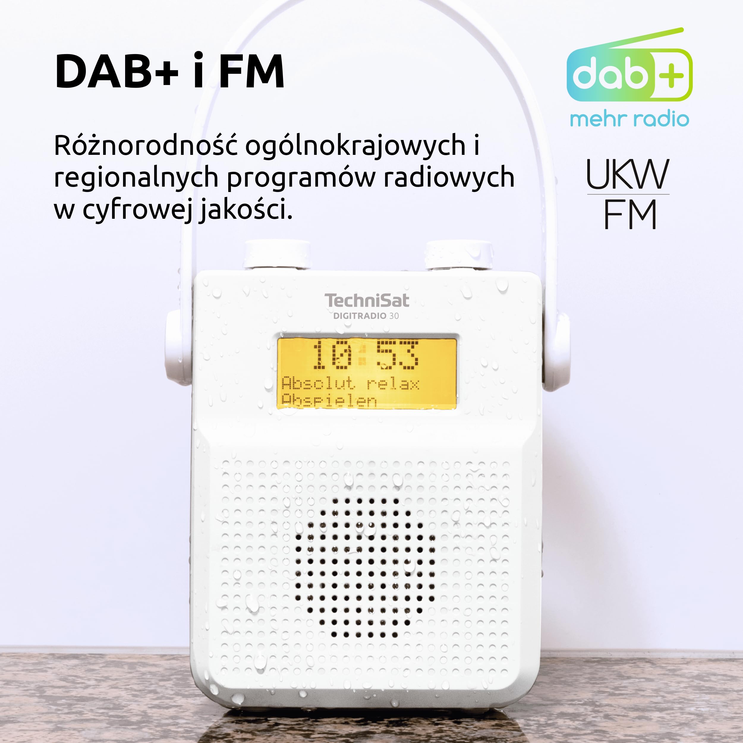 TechniSat DIGITRADIO 30 – wodoodporne radio prysznicowe DAB+ (UKF, radio cyfrowe DAB, zintegrowany akumulator, Bluetooth, wodoodporność IPX5, budzik, pamięć ulubionych, gniazdo słuchawkowe)