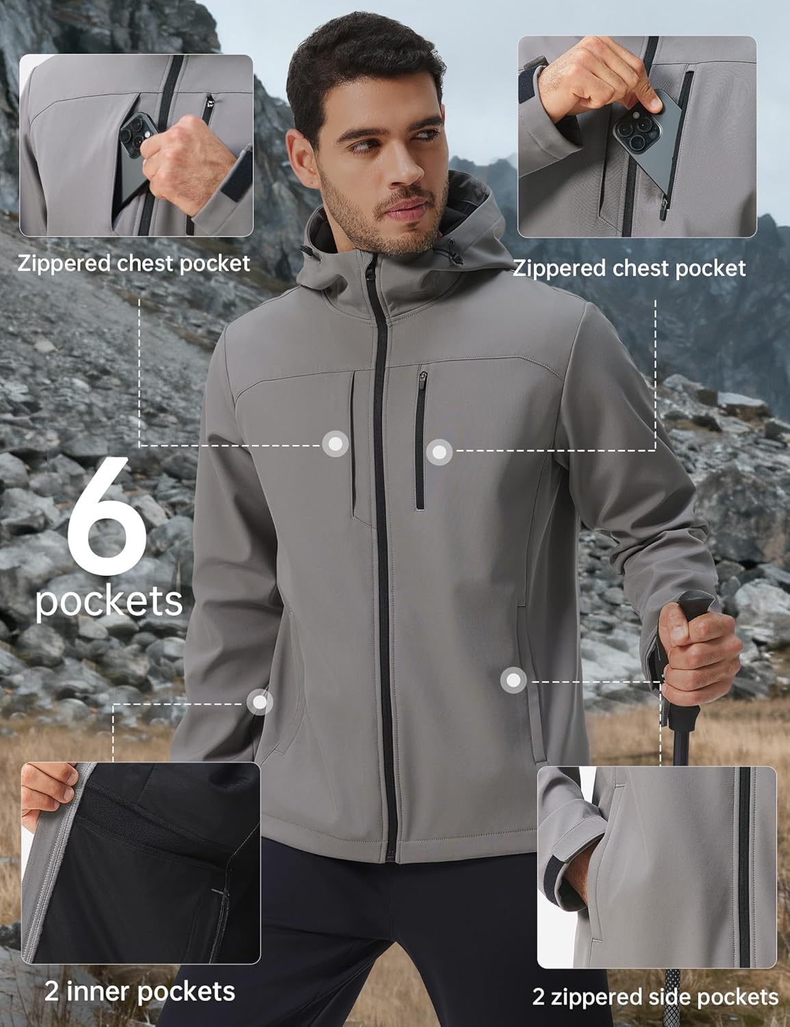 HOTSUIT Mens Softshell Jacket with Hood Water-Resistant Fleece Lined Jacket Men Lightweight Winter Coats for Hiking - Image 5