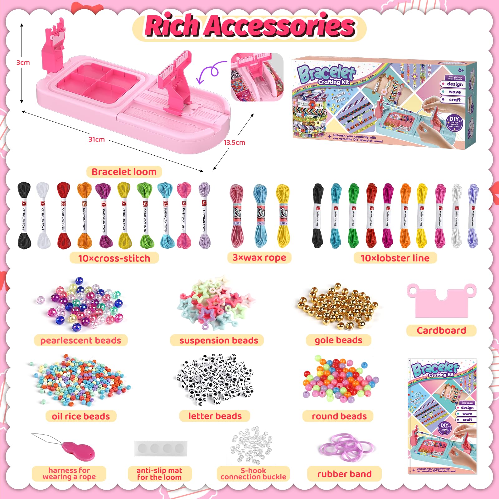 Kit de fabrication de bracelets d'amitié pour enfants de 8 à 12 ans, kit de fabrication de bijoux avec 3 styles de fils et 6 styles de perles, cadeaux d'anniversaire de Noël pour enfants de 6, 7, 8, 9