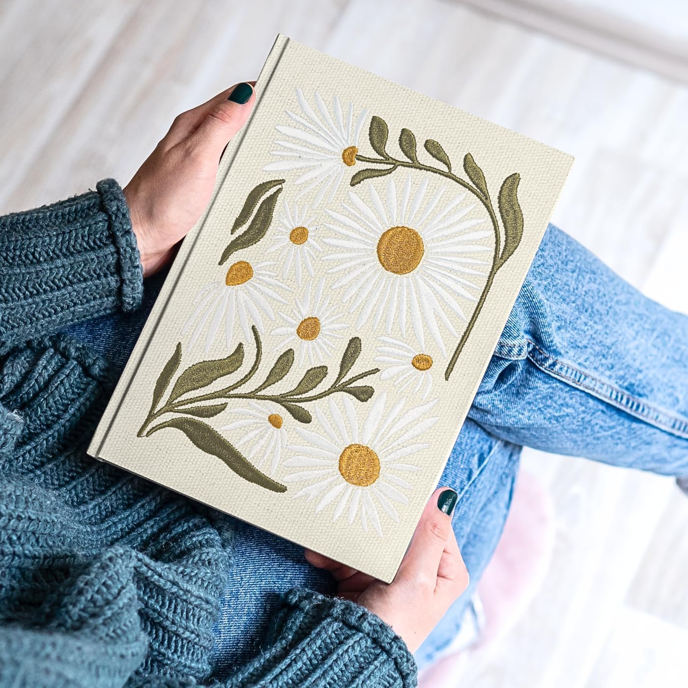 Lady Jayne Embroidered Canvas Hardcover Journal with 192 Lined Pages, 6” x 8.5” – Flower Market Daisy (83288)