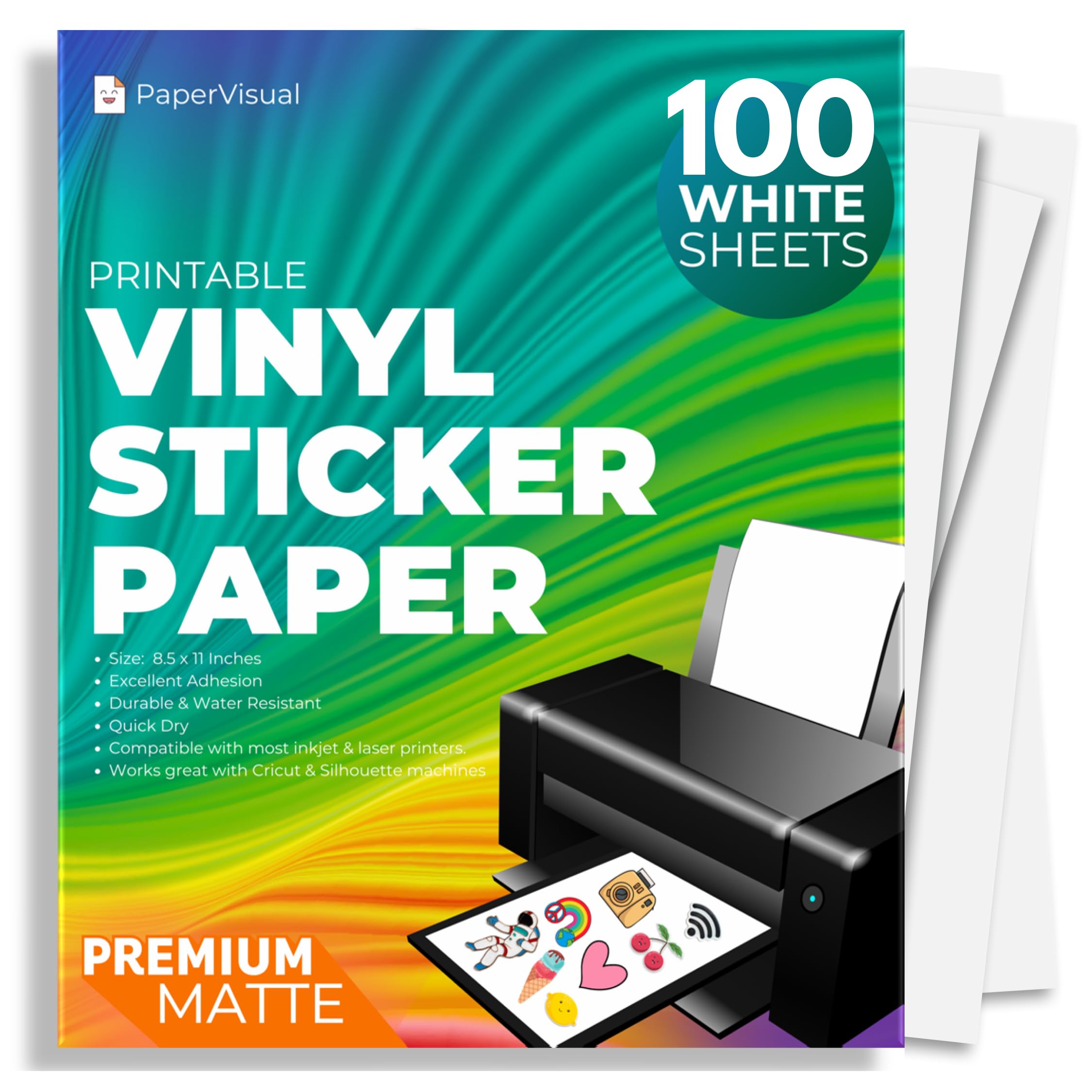 Matte Printable Vinyl Sticker Paper 100 Sheets - Waterproof White, Inkjet &amp; Laser Printer, 8.5x11, Quick Dry, Tear Resistant, Compatible with Cricut &amp; Silhouette -DIY,Labels,SmallBusiness