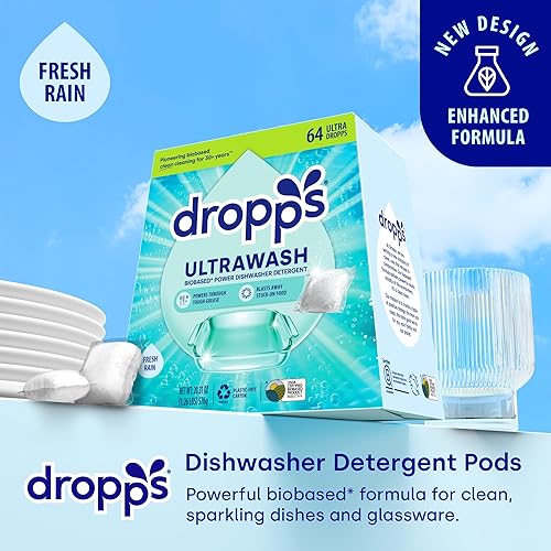 Miniatura 2 de Dropps Detergente para lavavajillas, aroma Fresh Rain, 64 cápsulas, limpia profundamente, empaque de bajo desperdicio, sin prelavado o enjuagado,