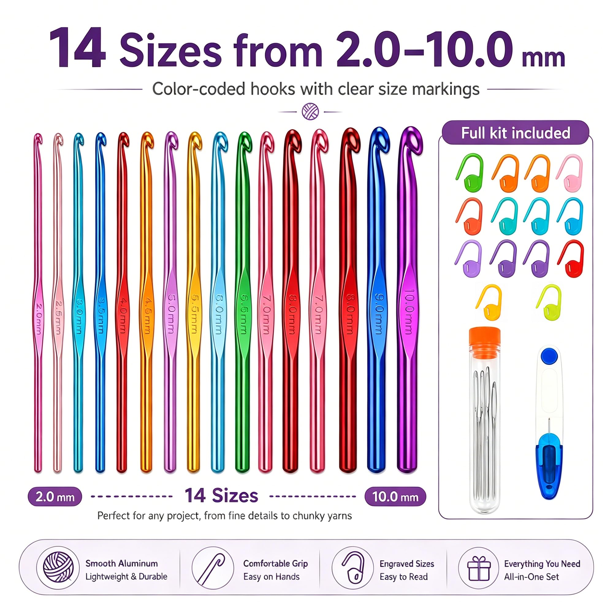 Bofoho Aluminium-Häkelnadel-Set, 2,0–10,0 mm, bunte, leichte Metall-Häkelnadeln für Anfänger, Häkelnadel-Set für Garnhandwerk, Schals, Hüte, Decken und Amigurumi, 14 Größen