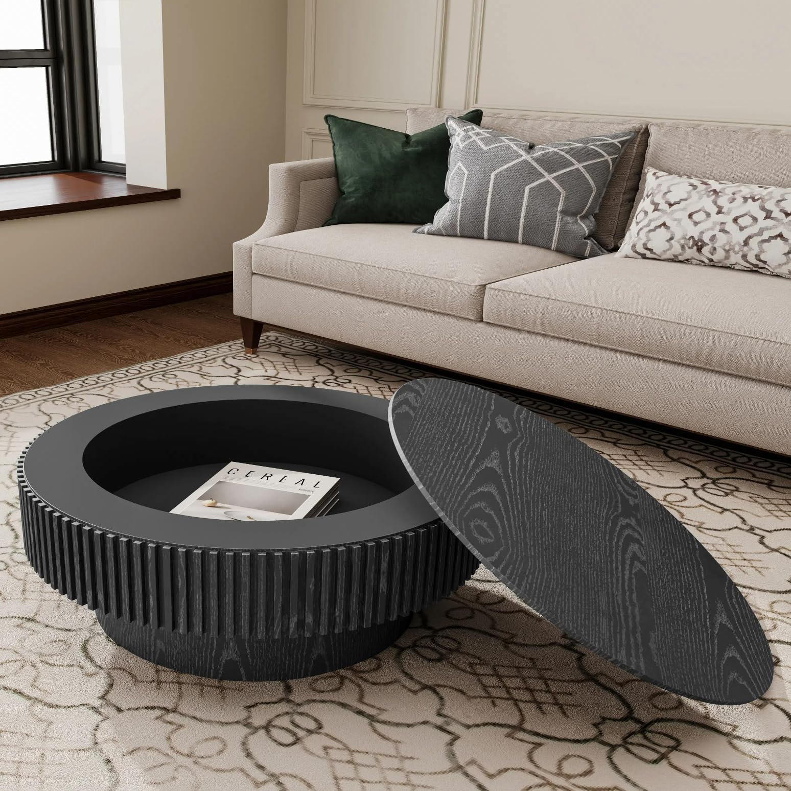 31.5" Drum Coffee Table with Storage, Modern Round Wood Coffee Table, Black Fluted Center Table Accent Cocktail Table Sofa Table with Sturdy Pedestal