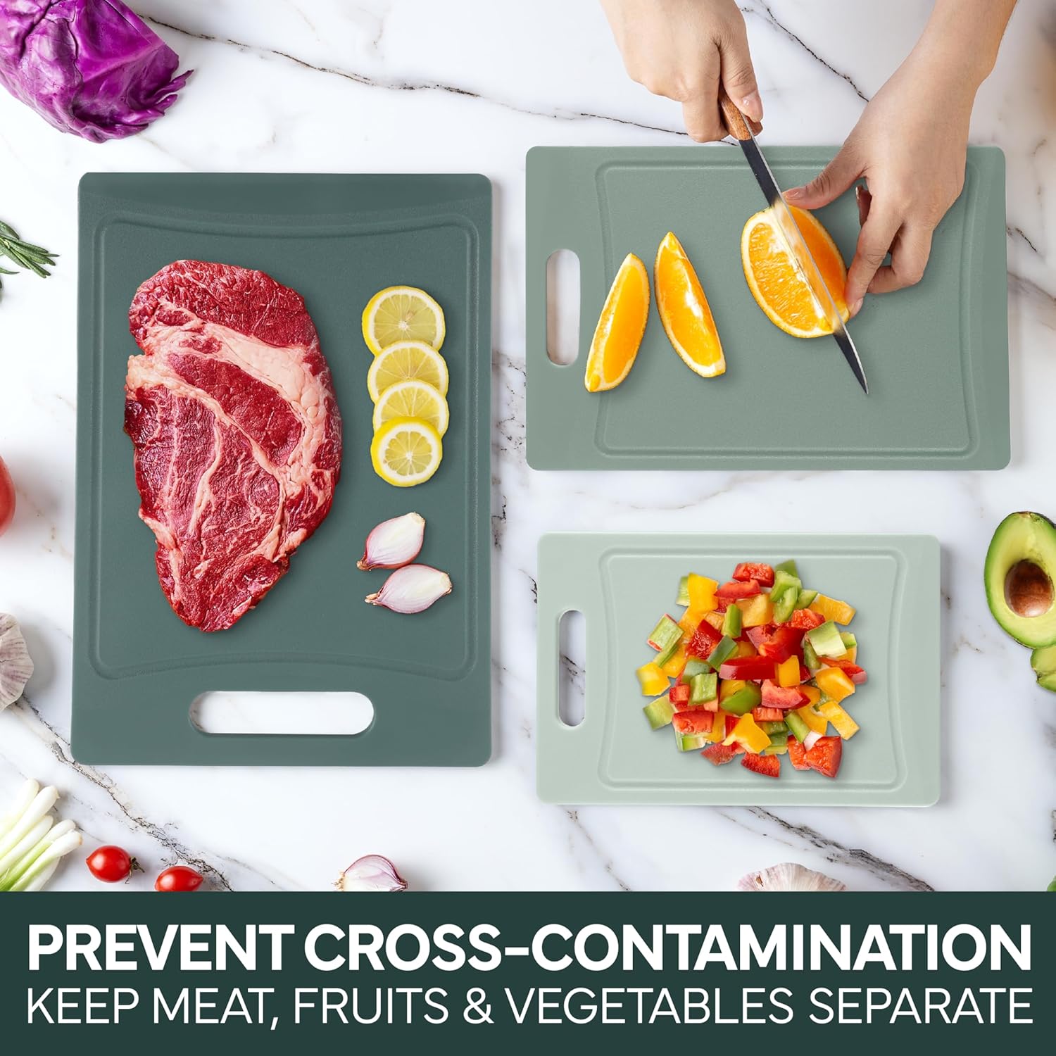 COOK WITH COLOR Non-Slip Cutting Board Set – Kitchen Essentials with Easy Grip Handle for Meat, Veggies, and Fruits, 3 Cutting Boards, Mint