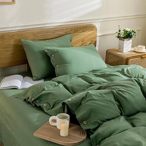 Miniatura 2 de JELLYMONI Juego de funda de edredón verde 100% algodón lavado, 3 piezas de lujo suave juego de ropa de cama con cierre de botones. Funda nórdica con
