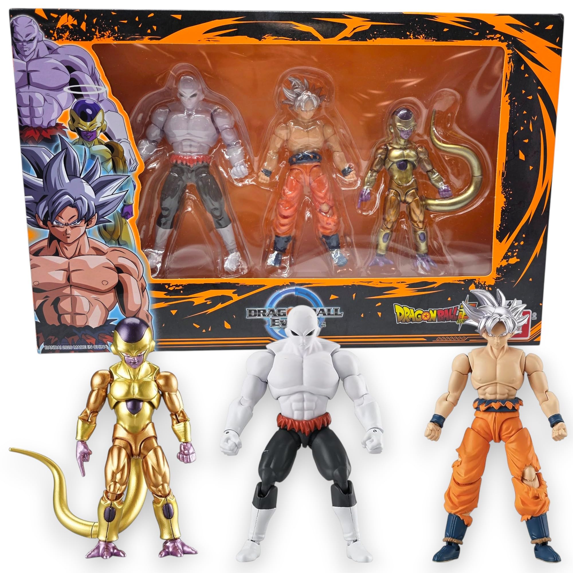 BANDAI Dragon Ball Evolve Triple Pack | Jiren vs Ultra Instinct Son Goku vs Golden Frieza | Action Figures | 3‑Pack with Articulation & Battle Ready Details
