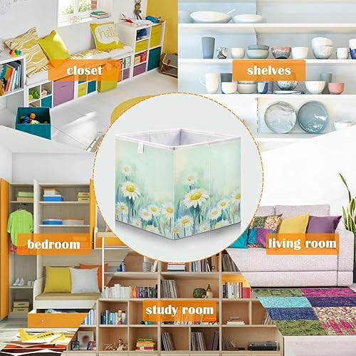 Miniatura 6 de Kigai Cubo de almacenamiento de margaritas de pintura al óleo 11 x 11 x 11 pulgadas organizador de cubos de almacenamiento de tela plegable cestas