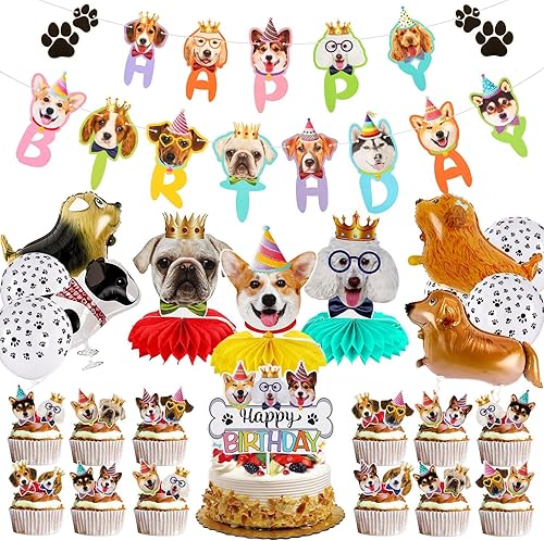 39 piezas de decoraciones de cumpleaños para perros, suministros de fiesta de cumpleaños para cachorros, 2 carteles de feliz cumpleaños, 3 panales