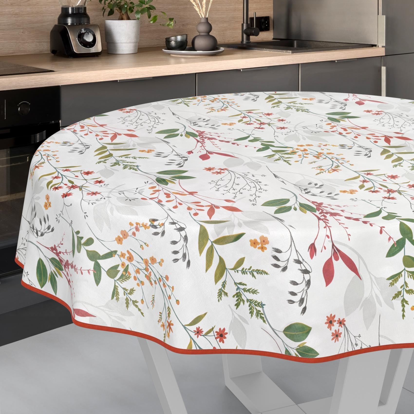 Mantel de Hule Lavable, fácil de Limpiar, Impermeable, Efecto Loto, para jardín, Natural, Redondo, 140 cm, con Dobladillo (Ribeteado)