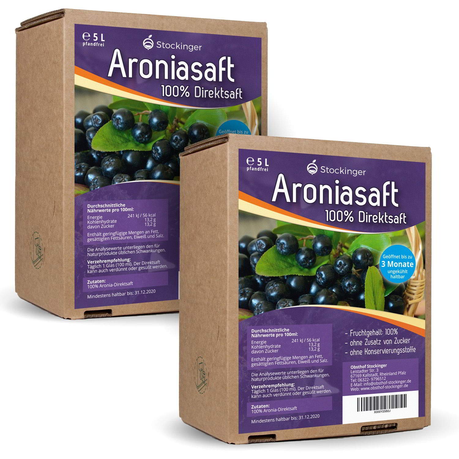 2 x 5L Obsthof Stockinger Aroniasaft - Muttersaft Bag in Box Aronia - Direktsaft , Sparpaket