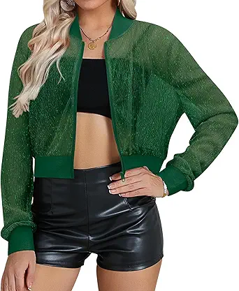 Nlife Women Sheer Mesh Sparkly Crop Bomber Jacket See Thru Glitter Rave Festival Clubwear Night Out Party Concert Outfit