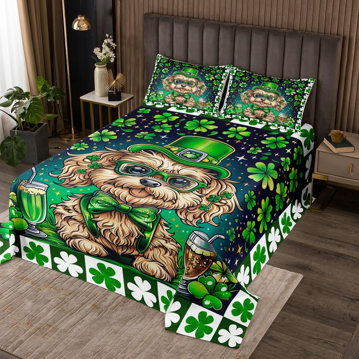 Manfei St. Patrick's Day Kids Bedspread Queen Size,Cartoon Puppy Dog Animal Pet Coverlet Set,Boys Girls Room Decor,Four Leaf Clover Geometric Grids Quilted Coverlet,Green Bedding Quilt,2 Pillowcases