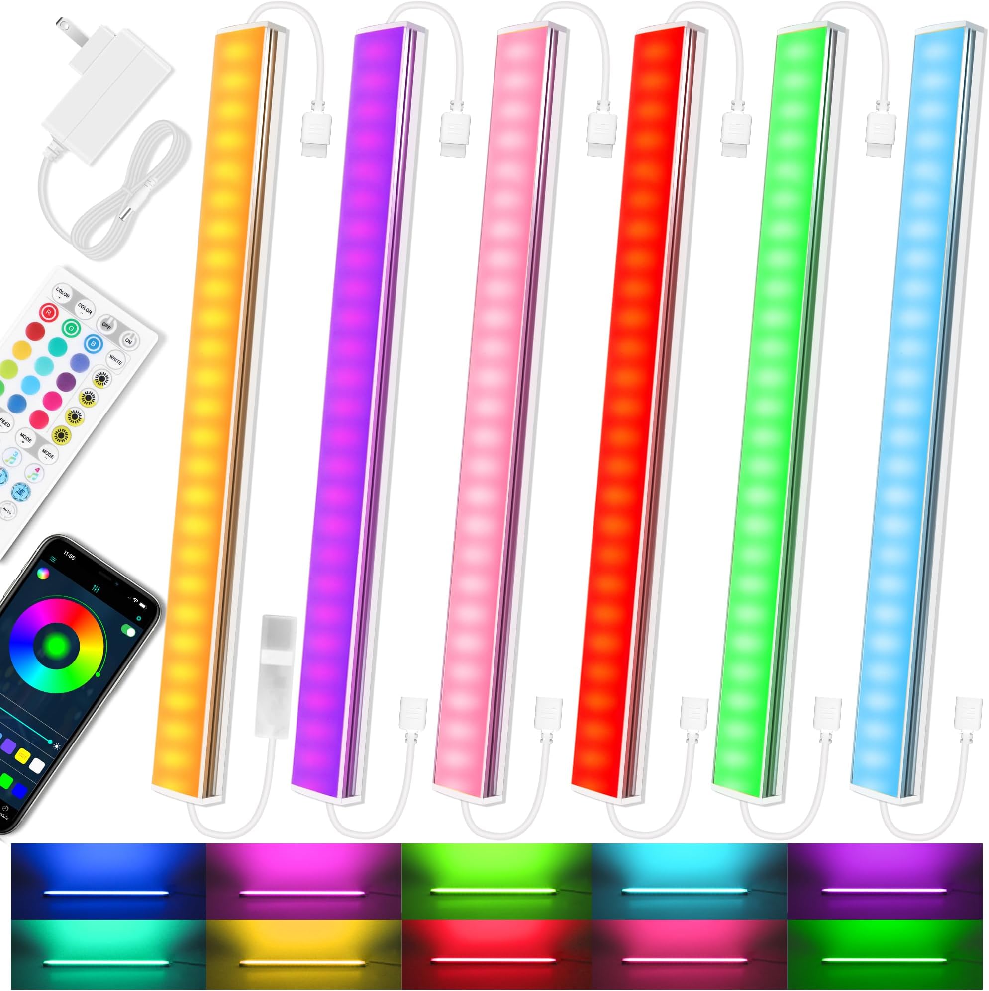 Benreom 6 Pcs RGB Under Cabinet Lights Kit, Smart App and Remote Control Under Cabinet Lighting, Dimmable Under Counter Lights for Kitchen, Plug in LED Lights Bar for Cabinet, Counter, Workbench, Desk