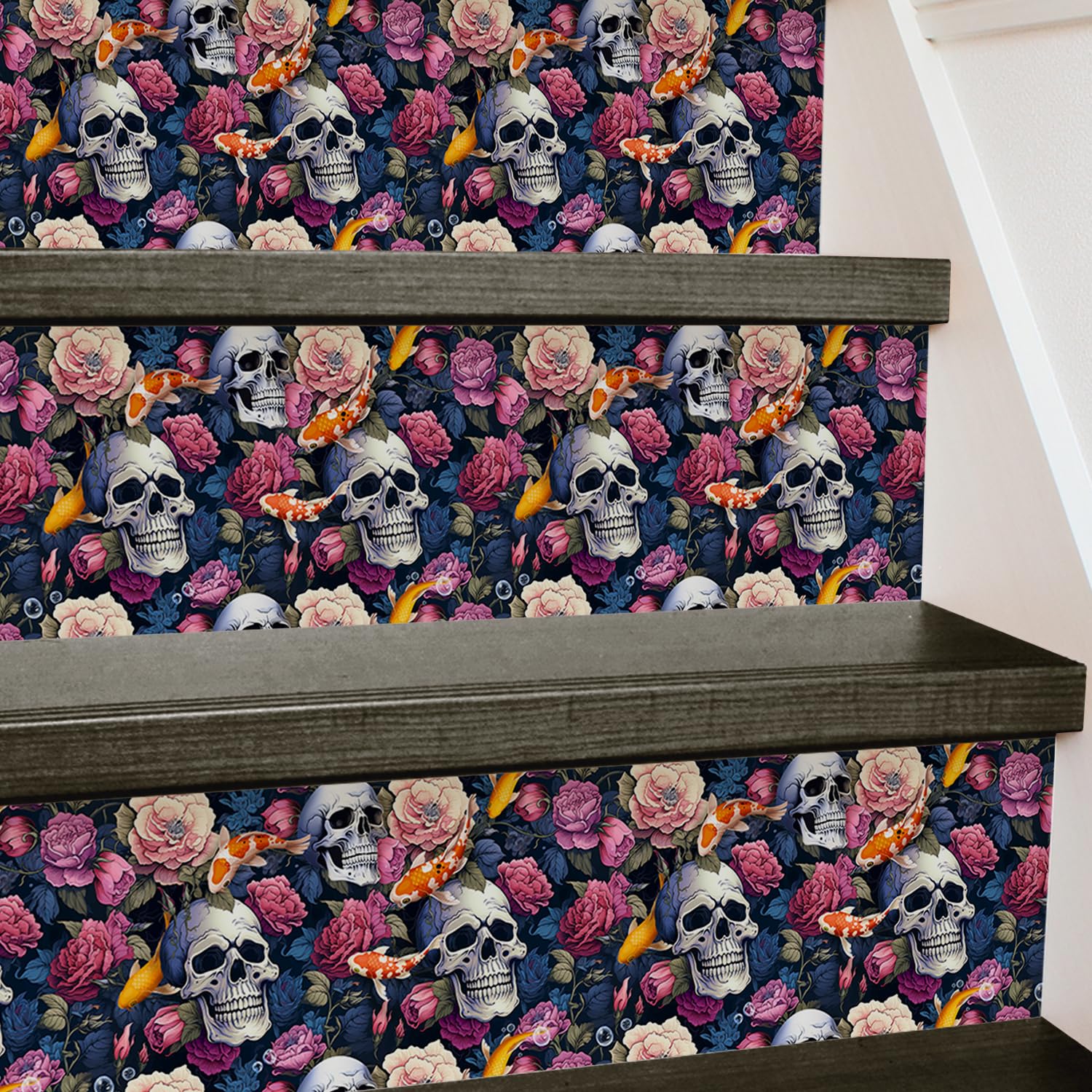 Papel de contacto para escalones funlife que renueva tu pasillo con estilo floral y calaveras